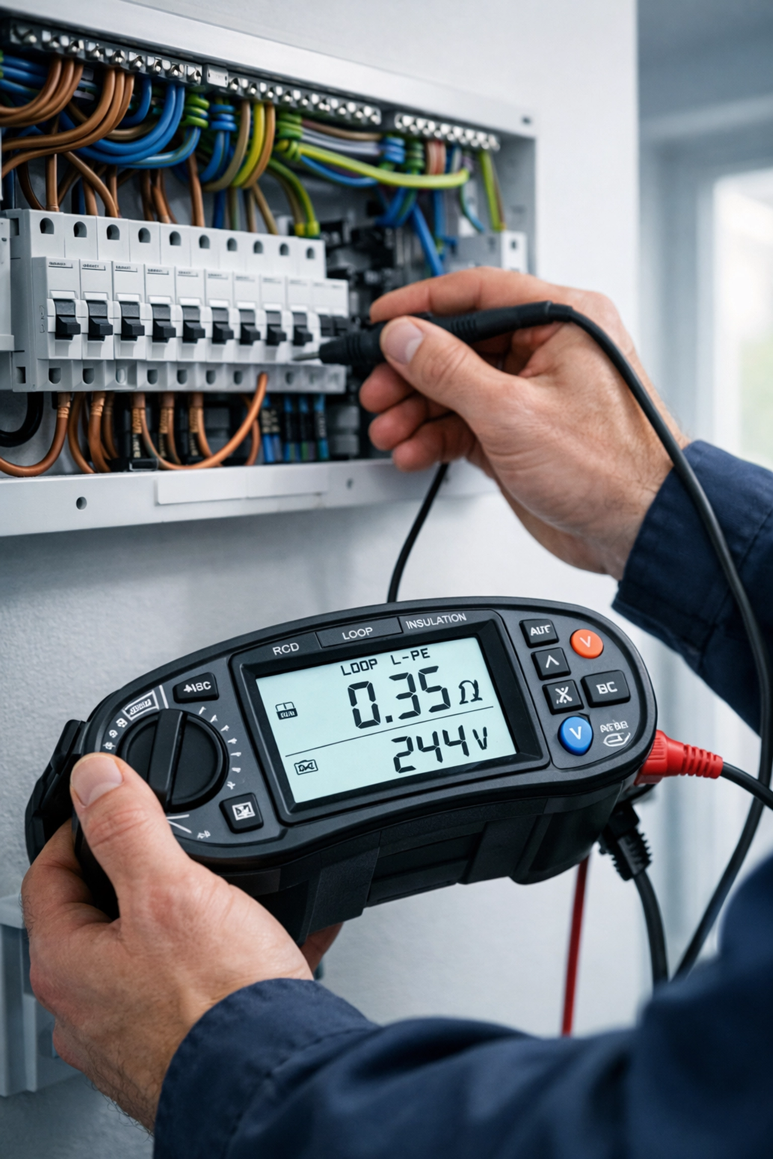 Qualified electrician testing a fuse board for EICR compliance and safety standards in Dorset.