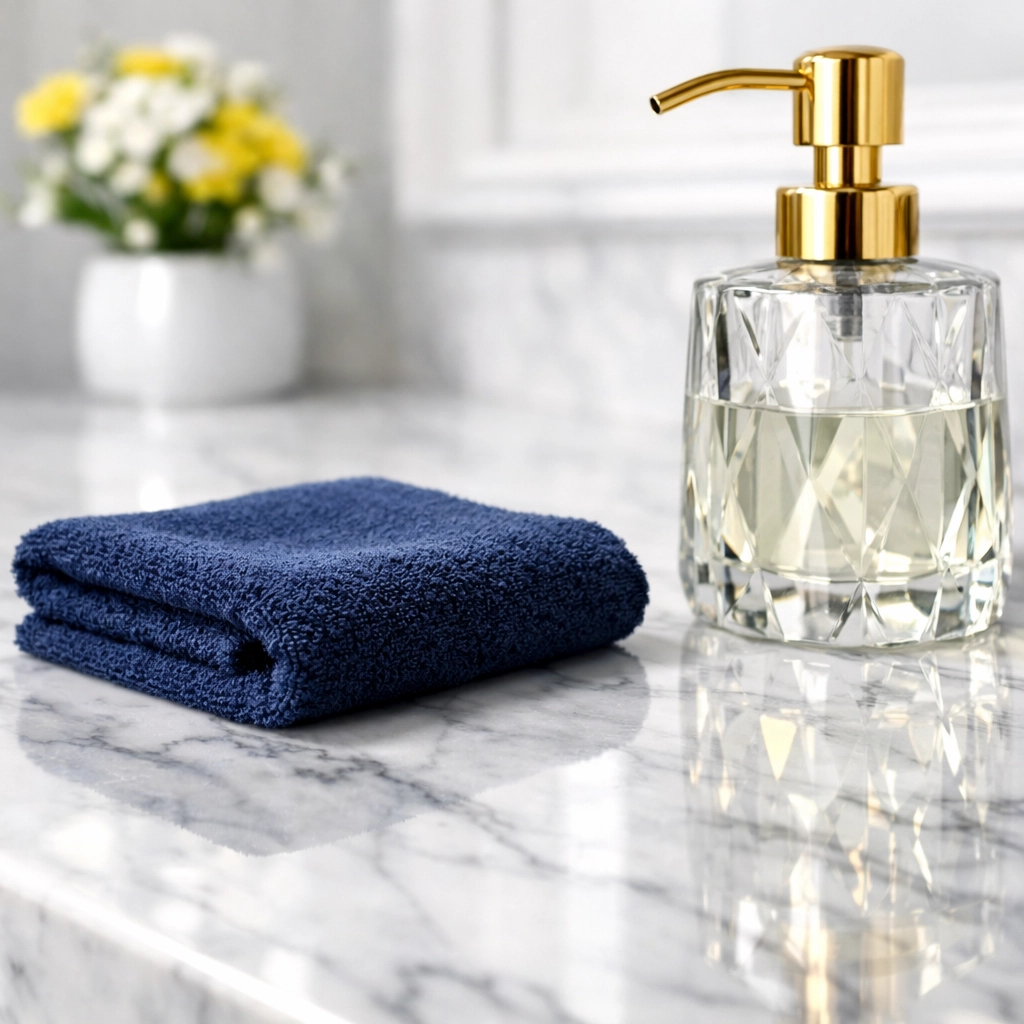 Polished marble bathroom counter with a microfiber cloth for scratch-free stone maintenance.