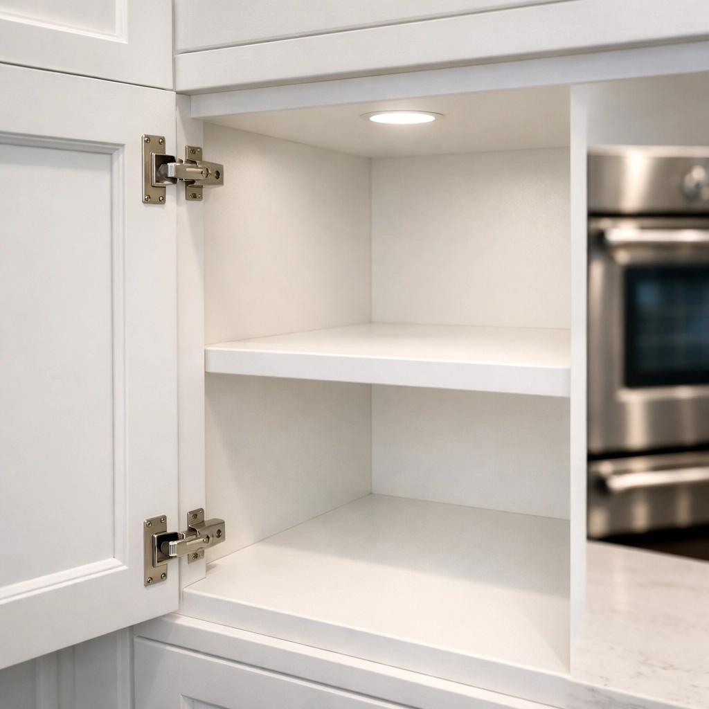 Spotless interior of a kitchen cabinet showcasing the deep cleaning detail of professional move-out services.