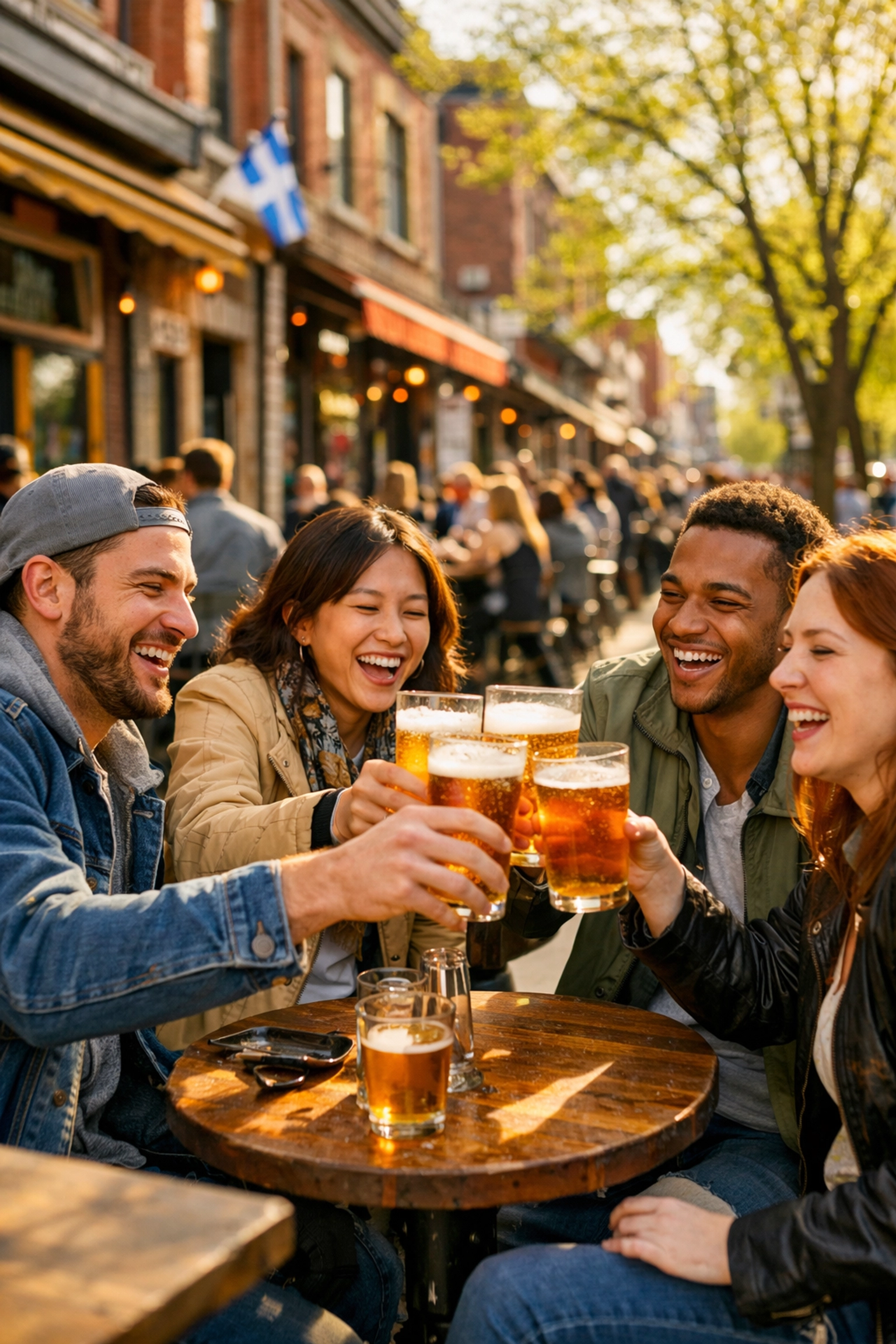 Friends enjoy craft beer at a sunny sidewalk café terrace in Montreal's Plateau neighborhood.