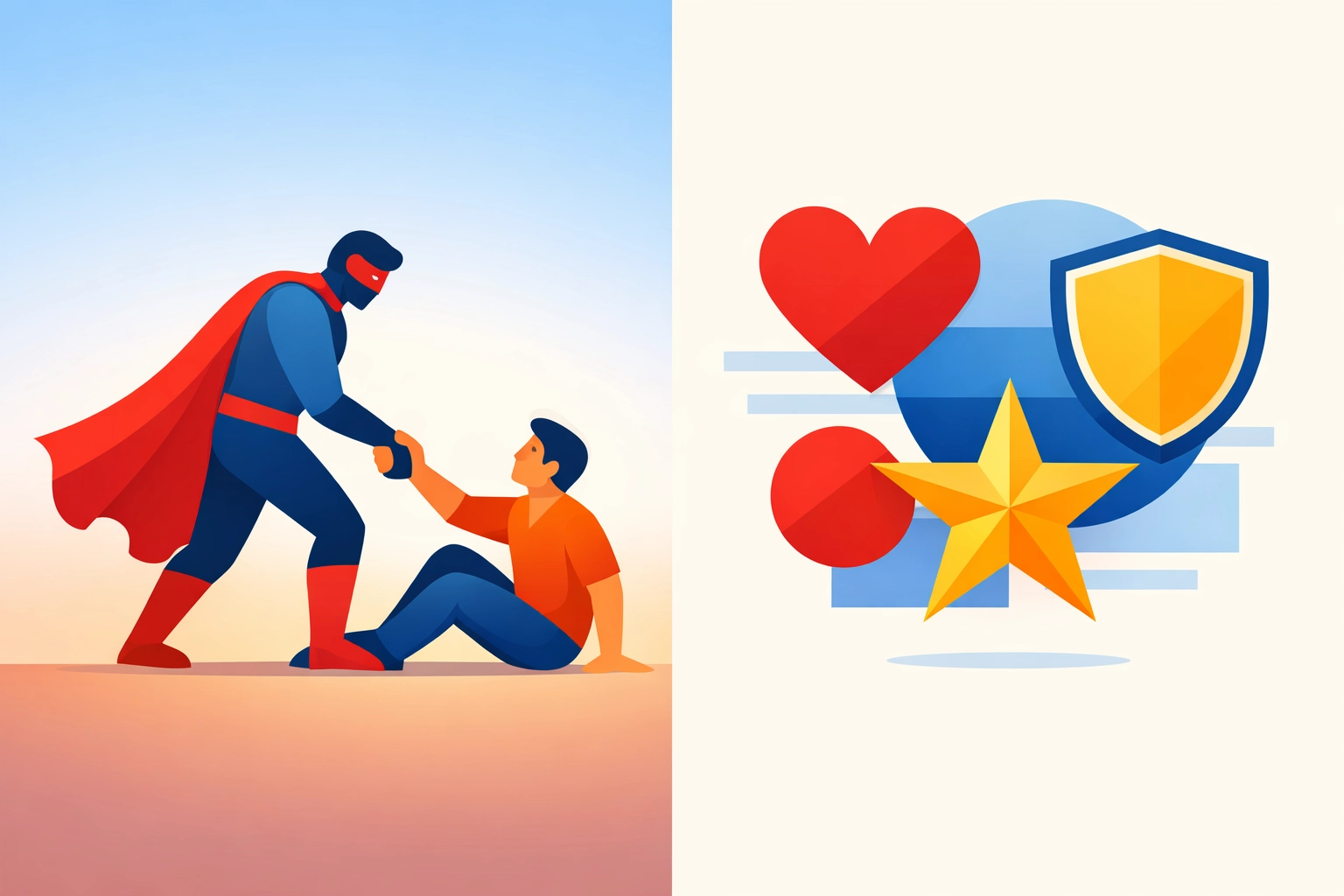 Superhero helping person up with symbols of compassion, protection, and hope