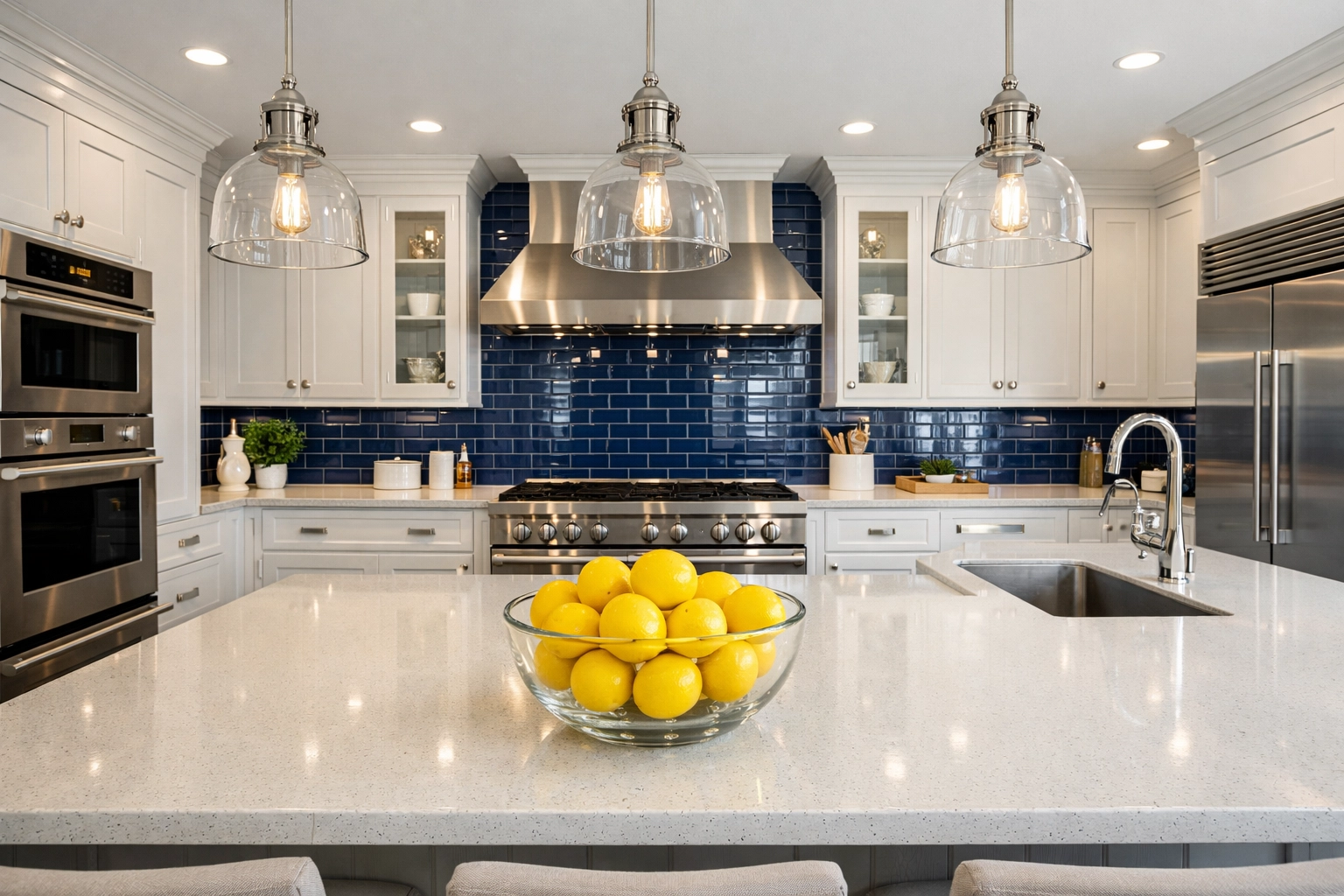 Spotless gourmet kitchen with quartz countertops highlighting high-end residential cleaning in Boxborough.