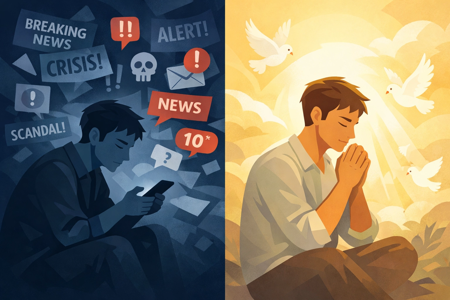 Contrast between scrolling news with anxiety versus praying with peace and calm