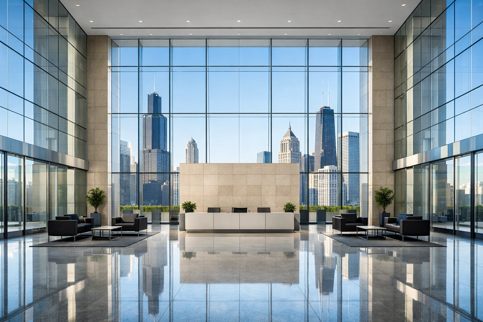 Clean modern office lobby in downtown Chicago showcasing professional janitorial standards for Midwest managers.