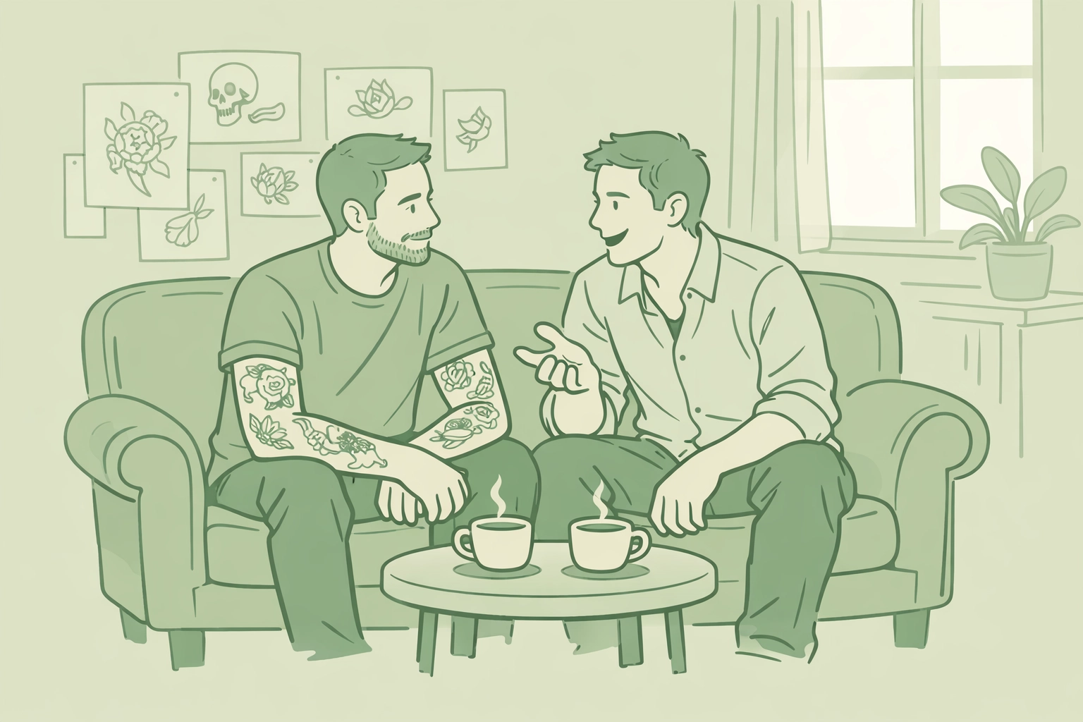 Two gay men bonding over coffee in tattoo studio, building community and connection