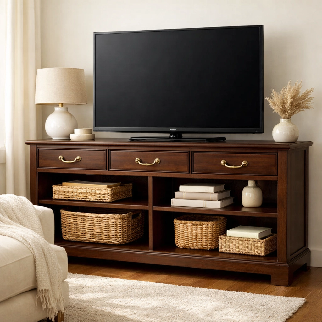 Upcycled dresser transformed into TV console with espresso stain and brass hardware