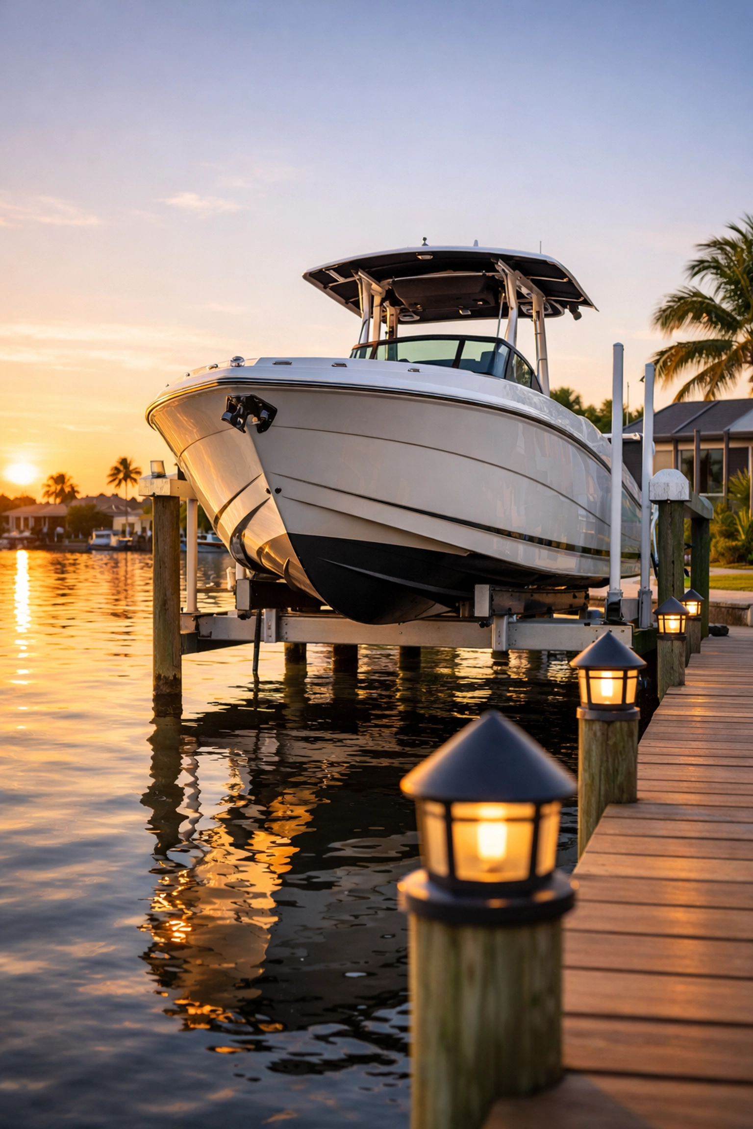 Private boat lift and dock at a waterfront home on a Cape Coral canal.
