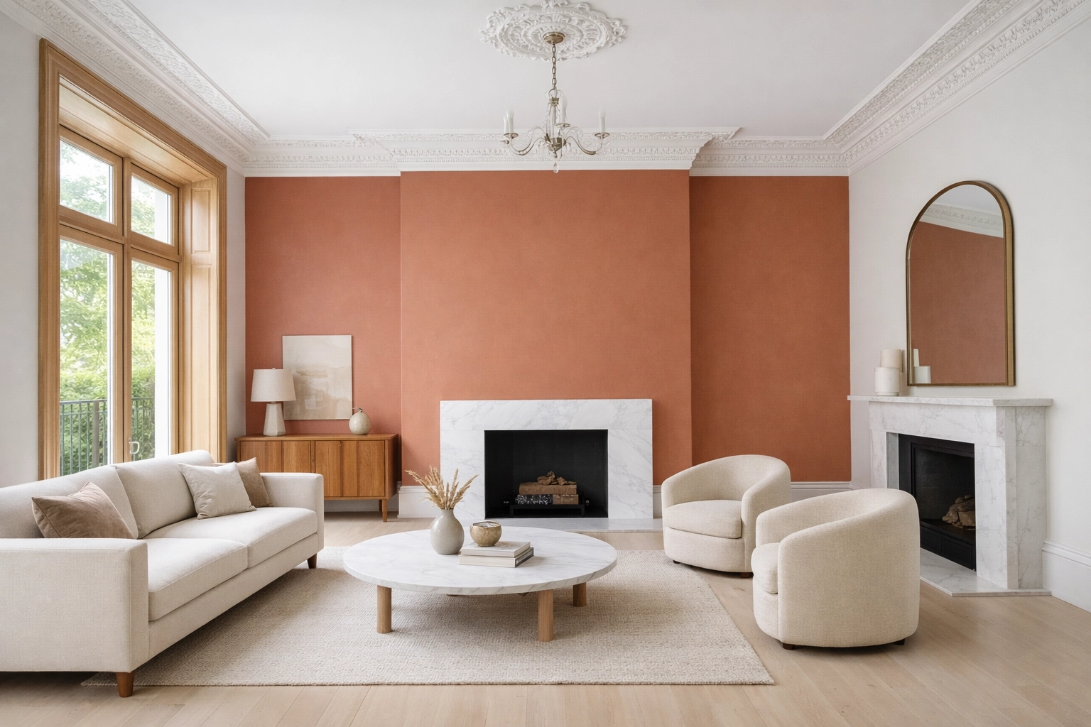 Terracotta feature wall and white cornicing in a professionally decorated period home.