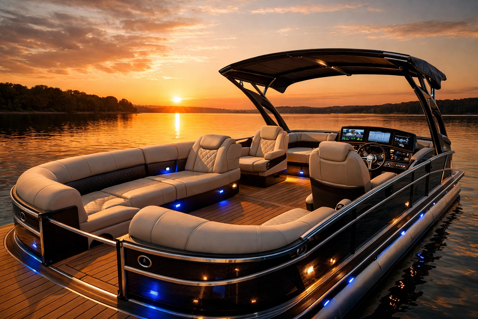 [FEATURED IMAGE] Luxury pontoon boat with high-end upgrades at sunset