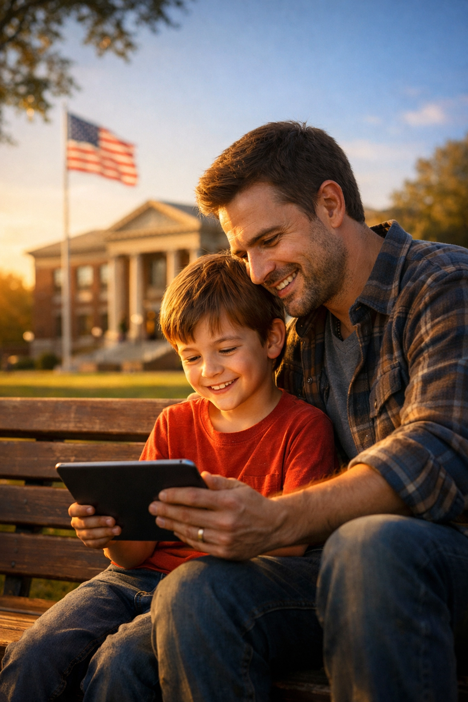 A father and son explore civic education resources together on a tablet near an American flag.