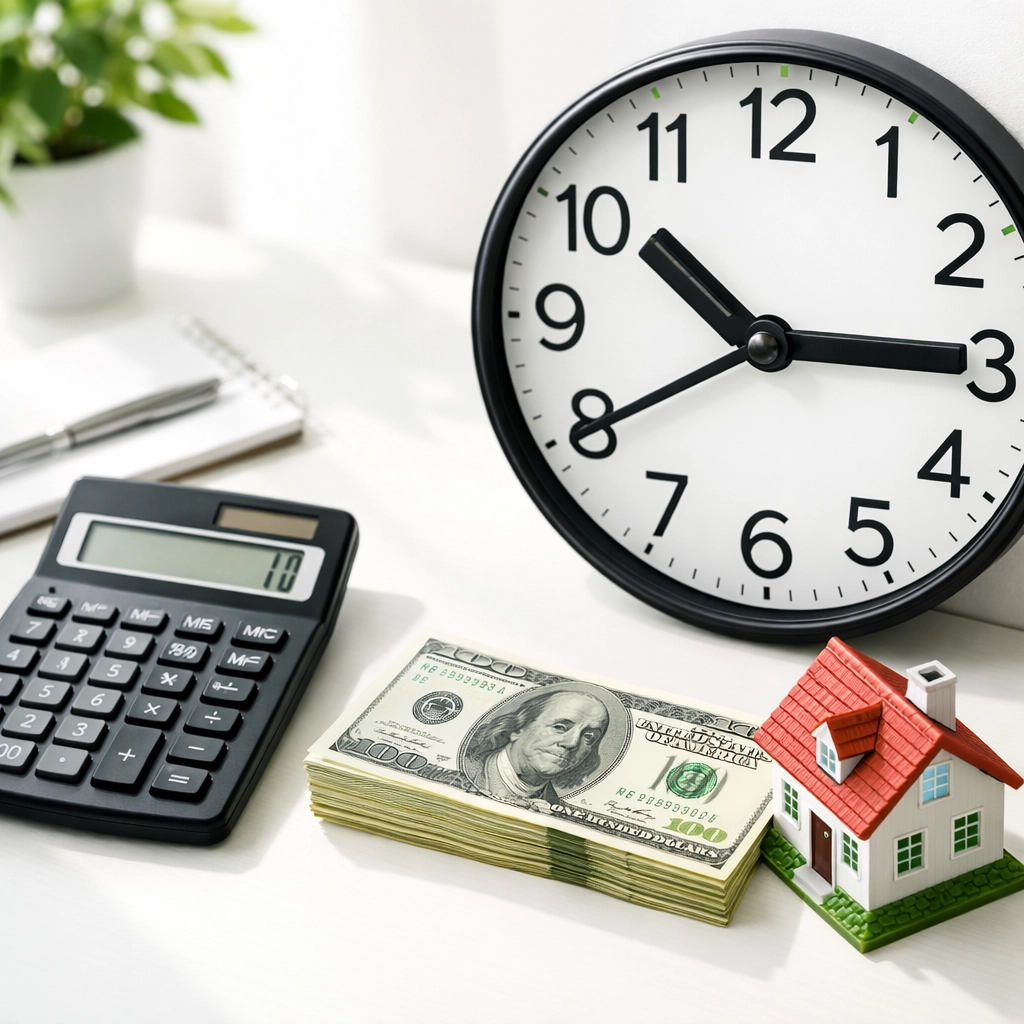 Real estate investment planning with calculator, cash, and house model showing hard money loan timing