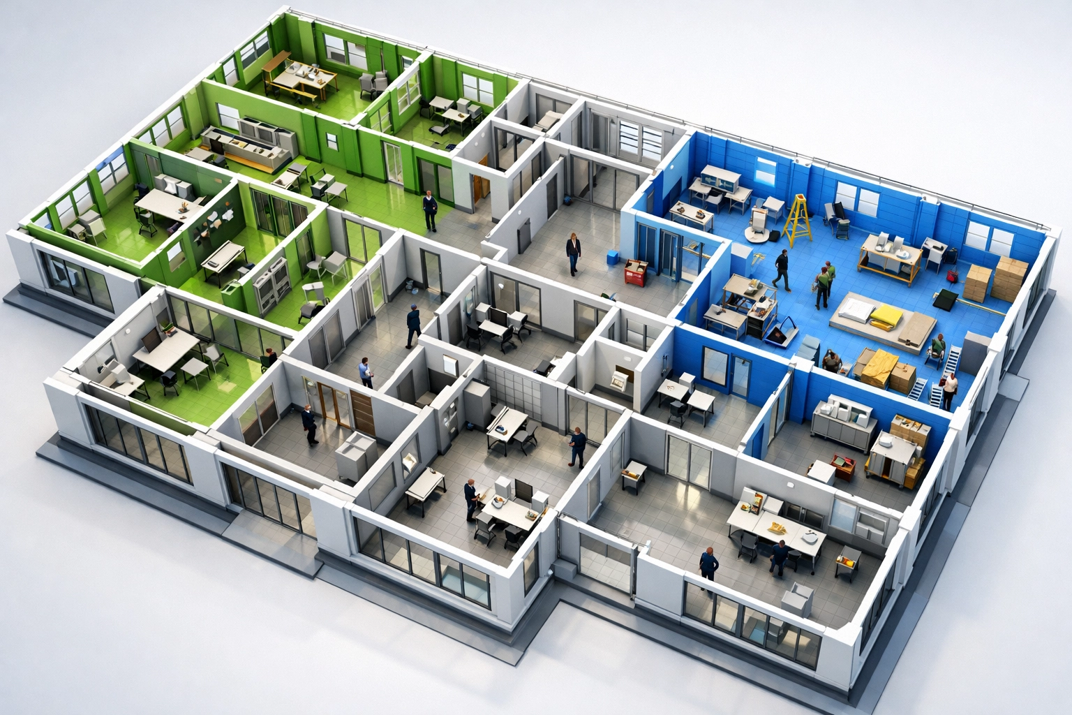 Building floor plan showing color-coded phased restoration zones with tenant areas operational