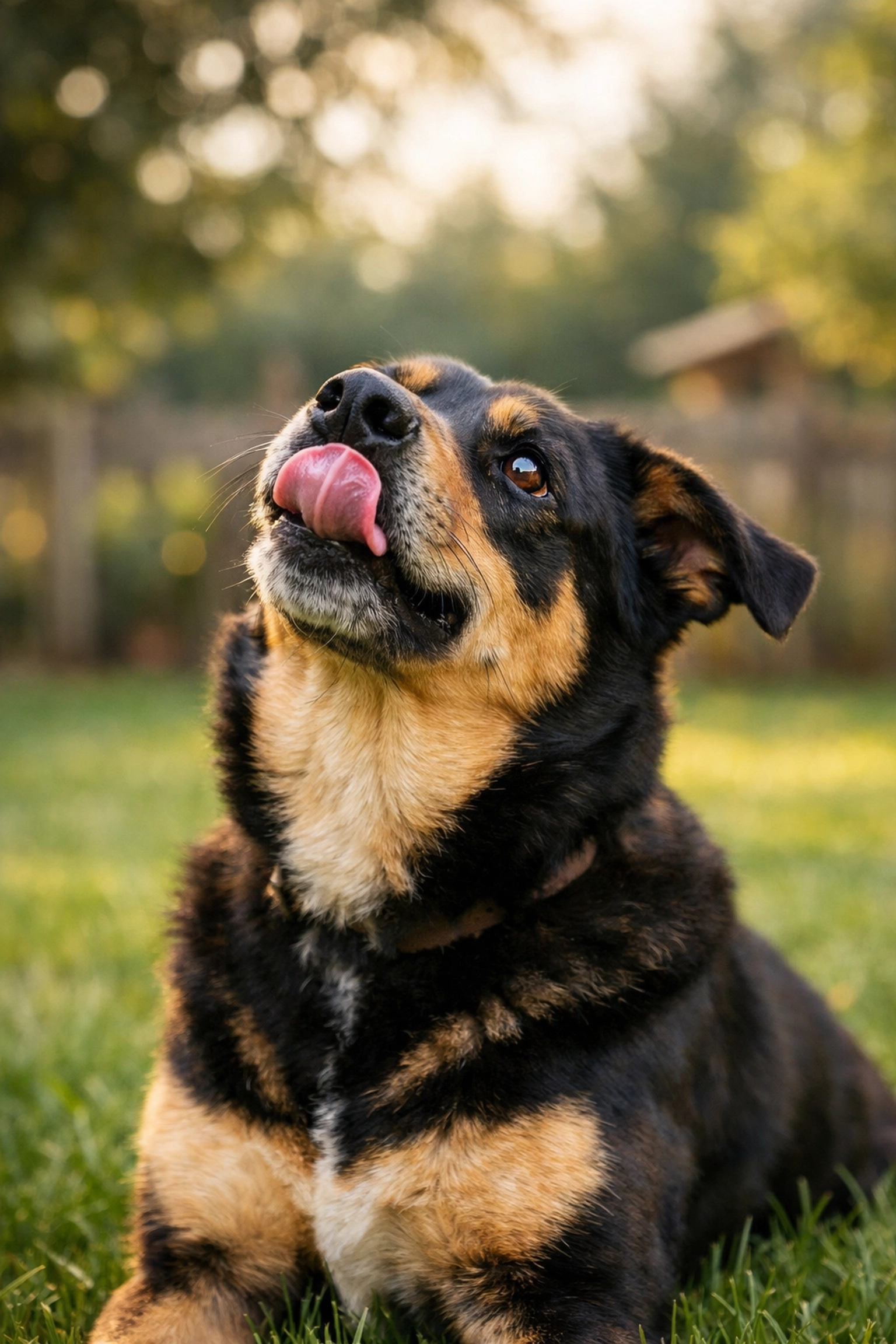 A loyal black and tan dog looks up with trust and devotion at Green Acres K-9 Resort in Oregon.