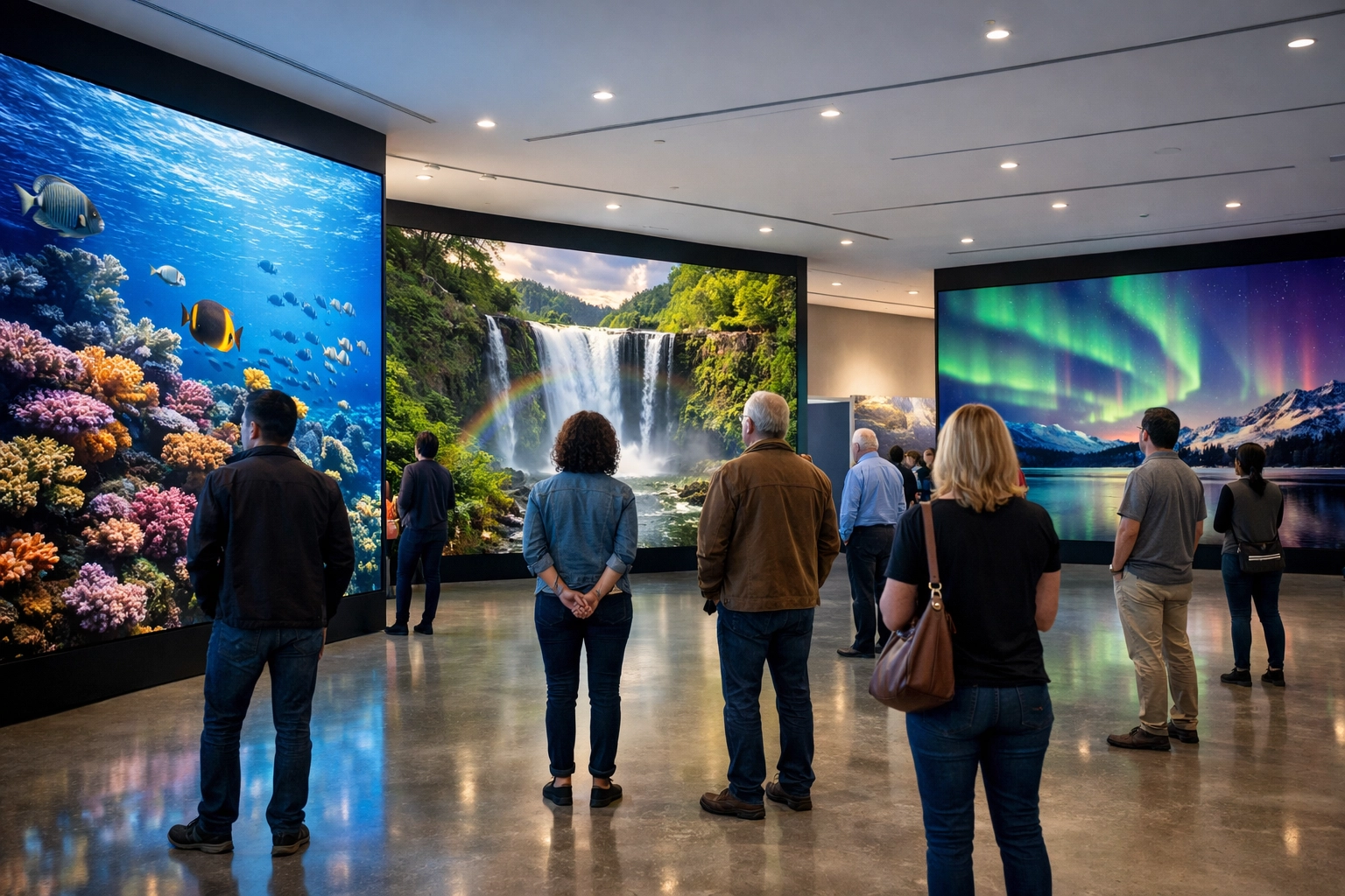 Museum gallery with large digital displays demonstrating the Dakdan multi-industry media framework.