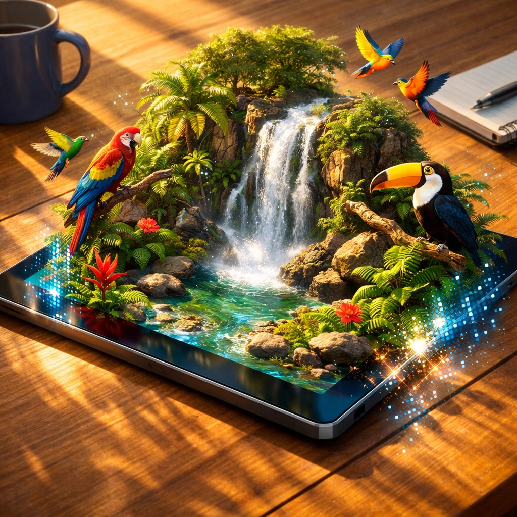A tablet screen displaying immersive visuals to showcase the power of AI tools for creative design.