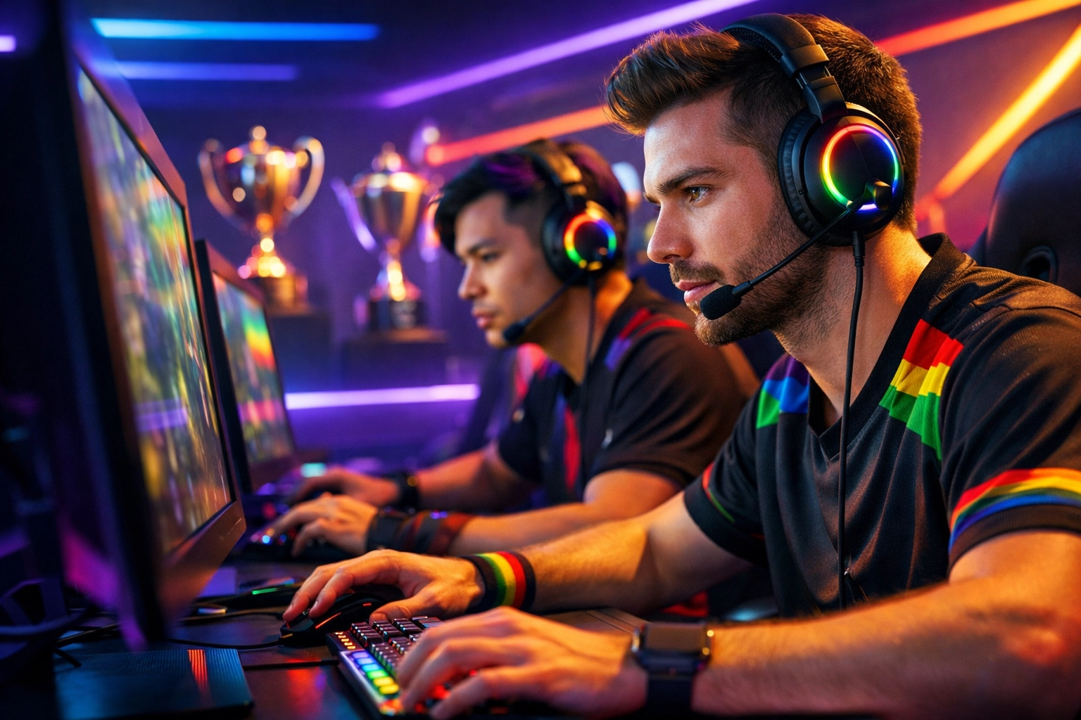 LGBTQ+ esports gamers competing in professional gaming arena with championship trophies