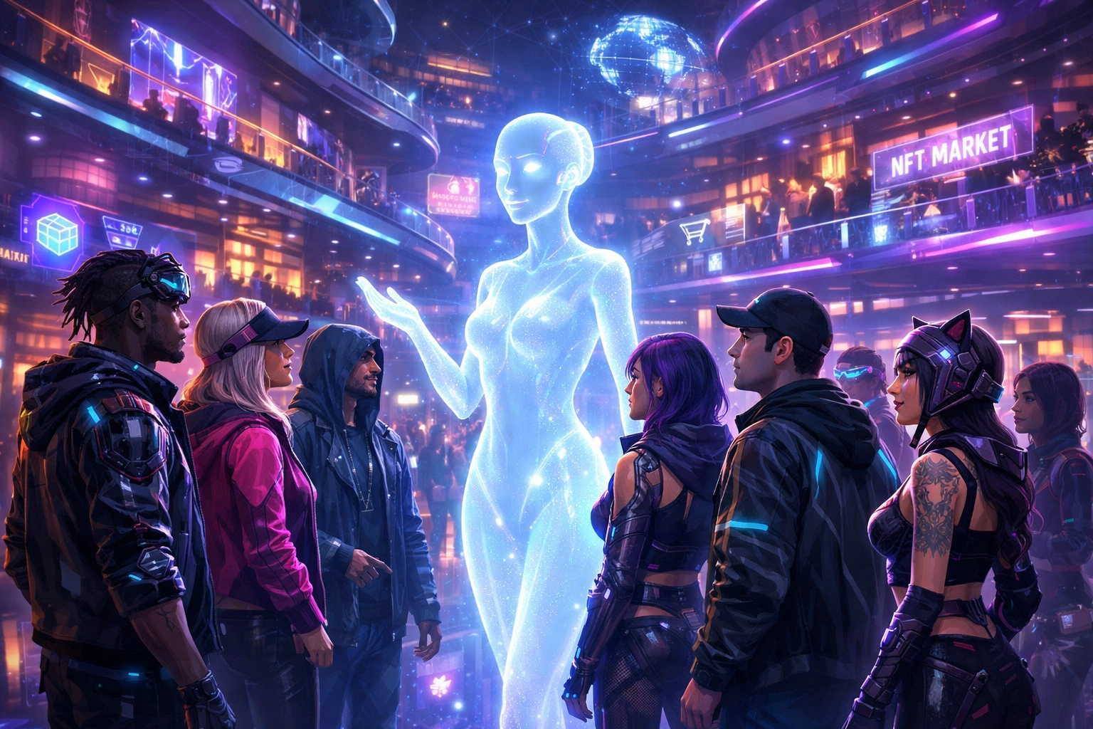 Digital avatars exploring a social metaverse mall with an integrated AI shopping assistant.