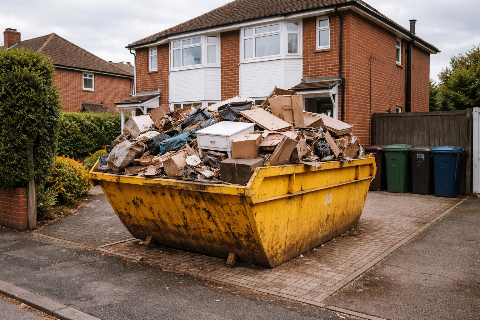 Overflowing skip bin on a residential Northamptonshire driveway illustrating bulk waste collection issues