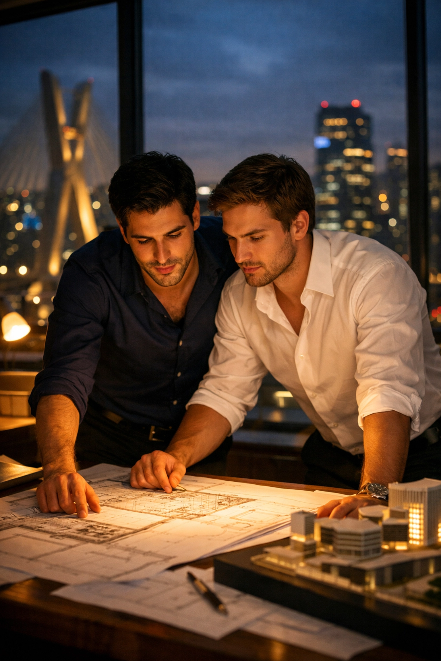 Two male architects collaborating late at night in São Paulo office - gay workplace romance