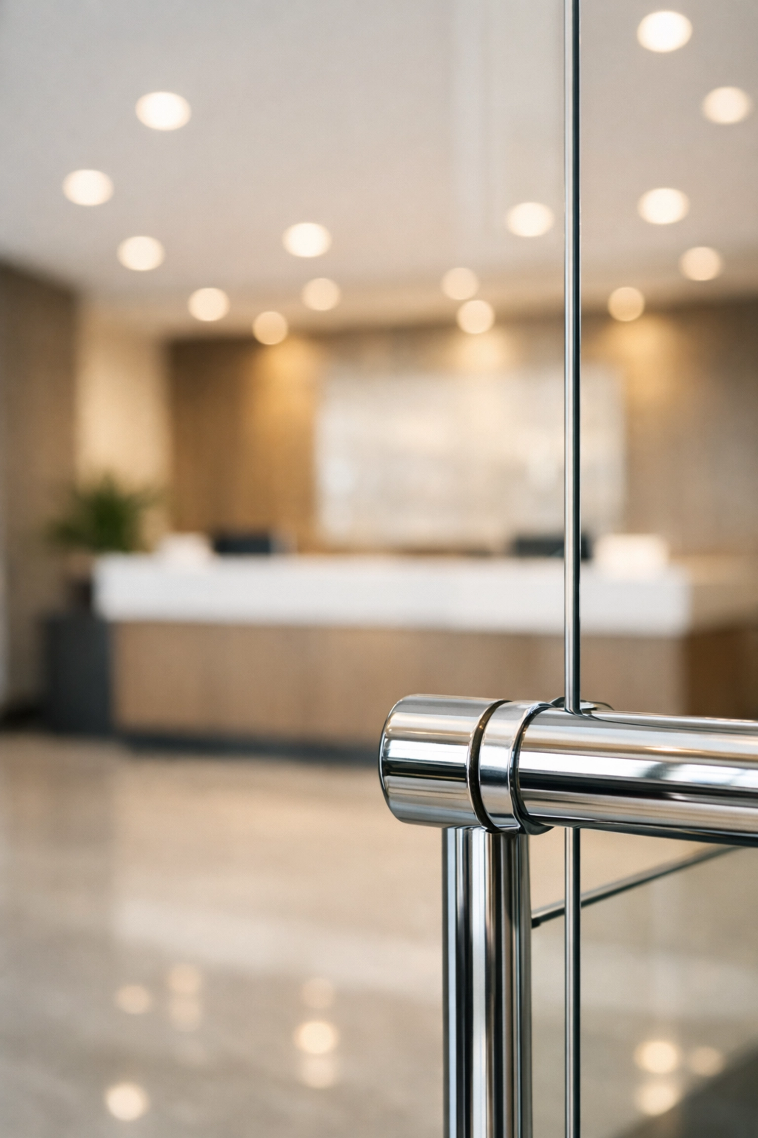 Spotless Detroit office lobby showing streak-free glass and polished chrome fixtures.