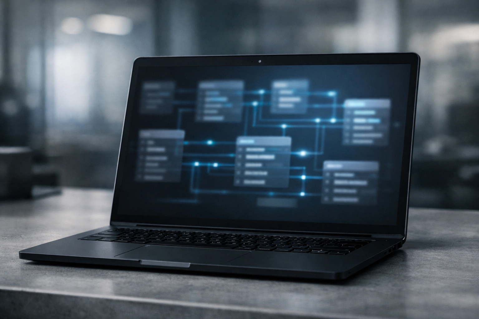 Professional laptop displaying a complex investor grade financial model on a minimalist desk.