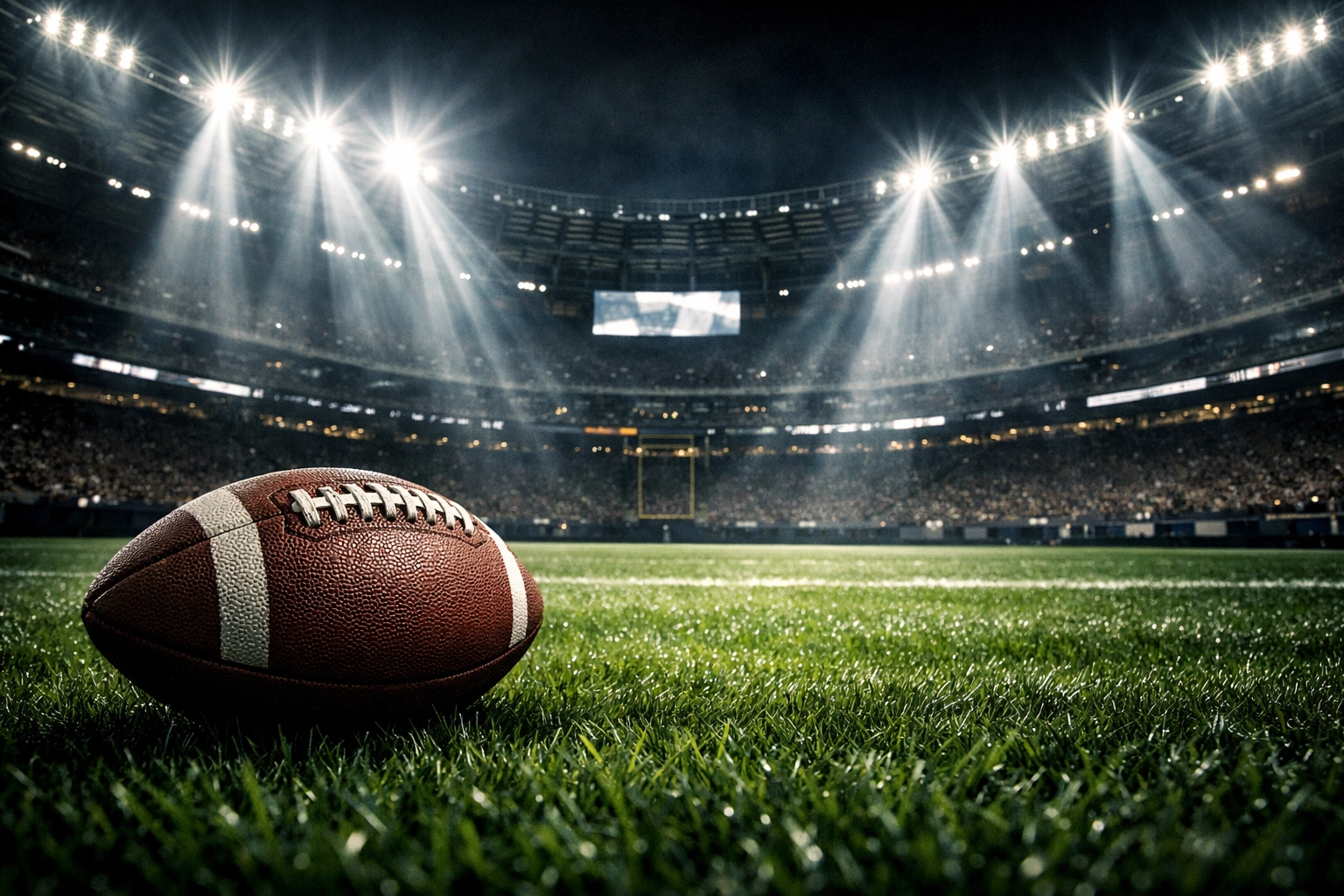Empty football stadium at night under bright lights symbolizing high-performance Super Bowl marketing.
