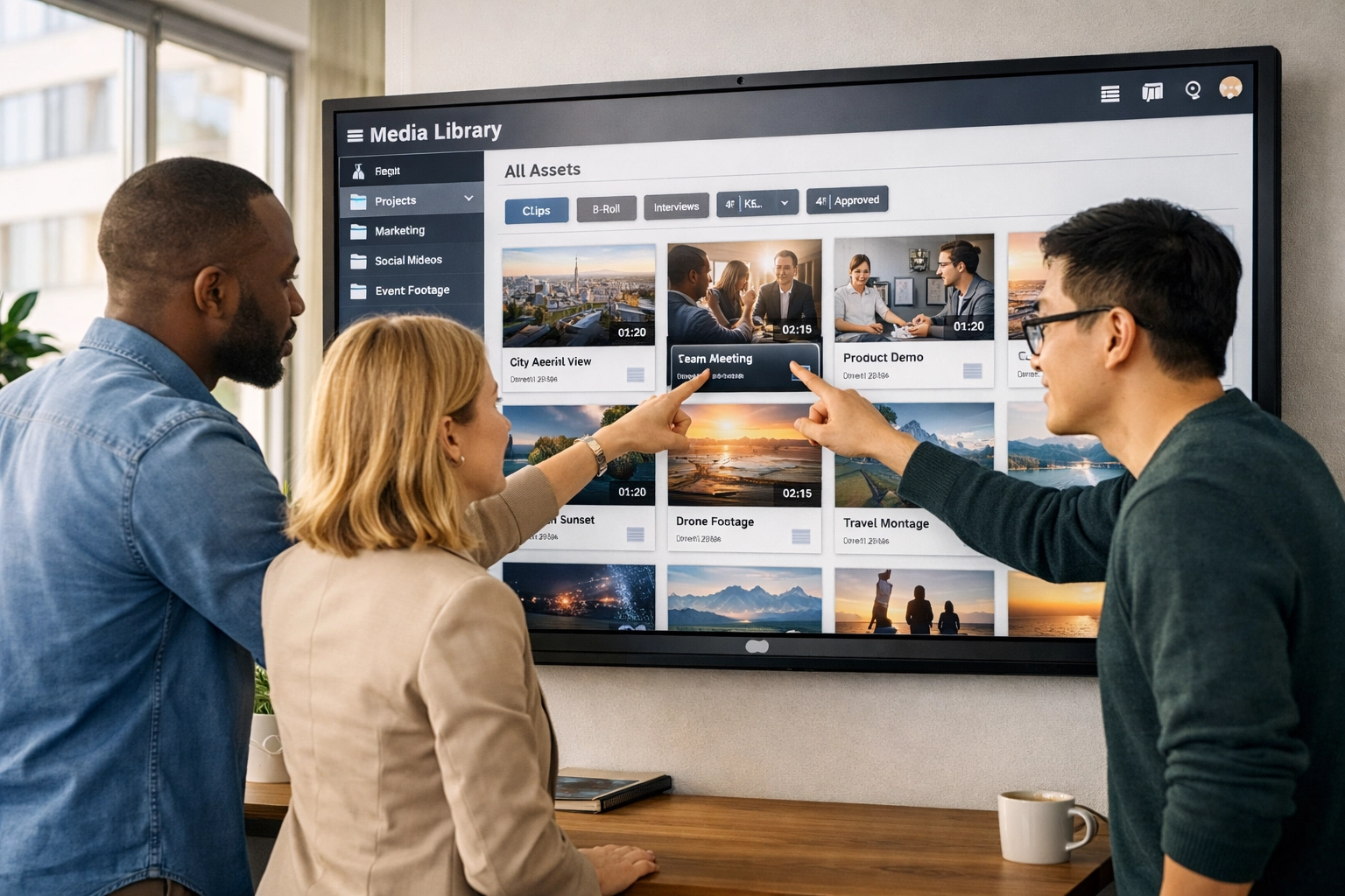 Team collaborating on media asset management workflow using interactive digital asset library display