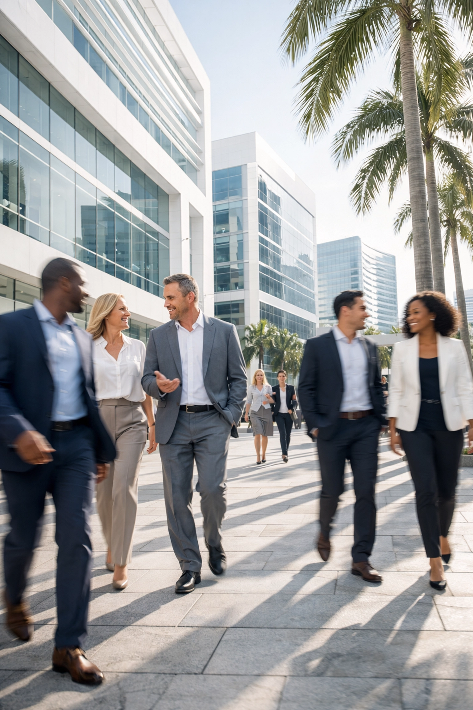 Successful business professionals walking through a modern South Florida corporate plaza with tropical landscaping.