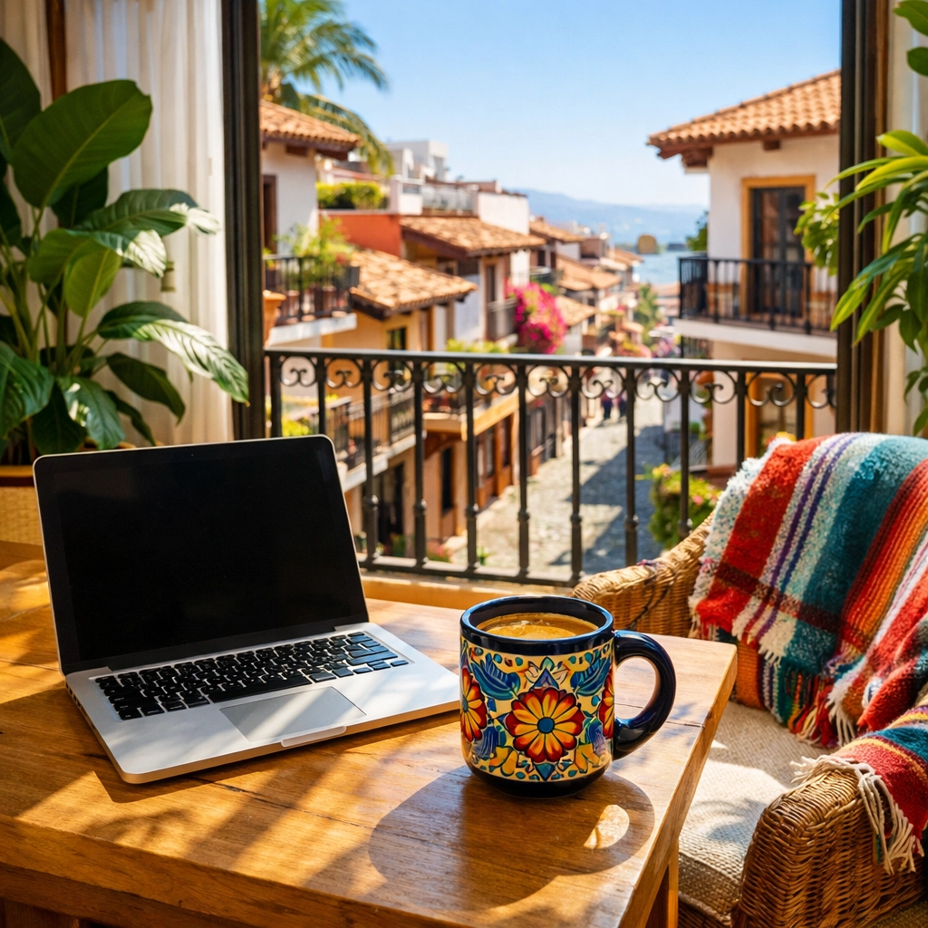 Cozy workspace in a Puerto Vallarta apartment with a view of historic Zona Romántica cobblestone streets.