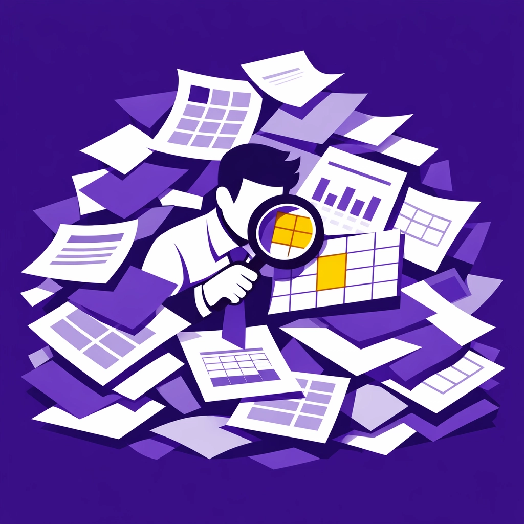 Illustration zur Excel-Falle: Zeitverlust durch manuelles Suchen in unstrukturierten Tabellen im Mittelstand.