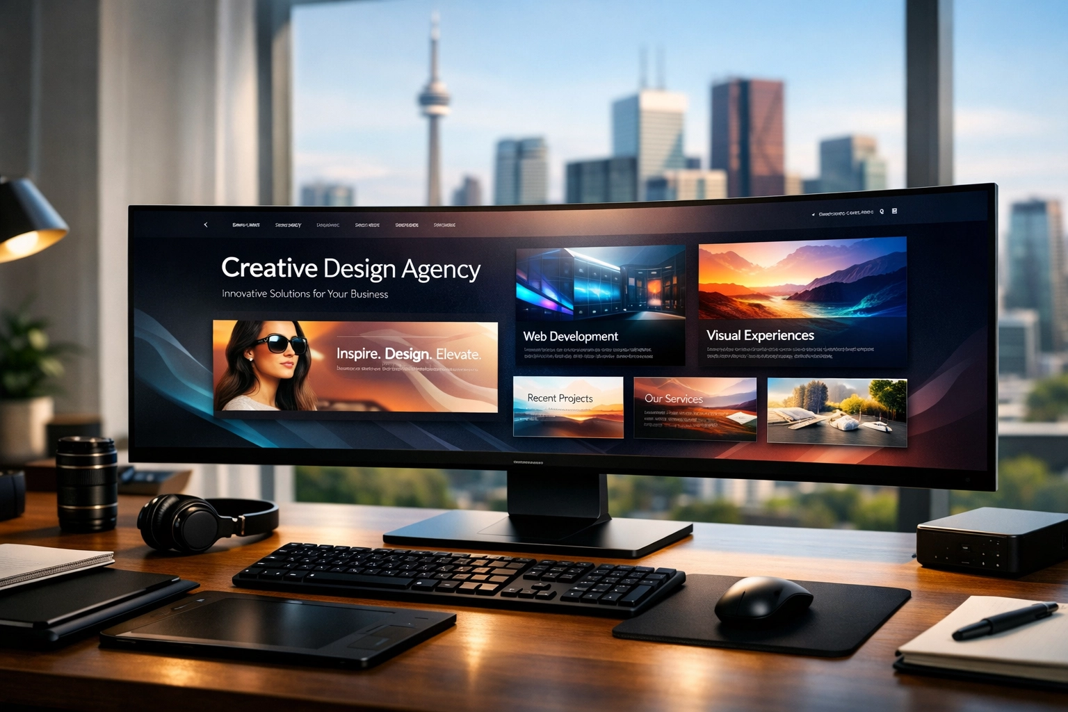 Custom web design on a professional monitor overlooking the Toronto financial district.