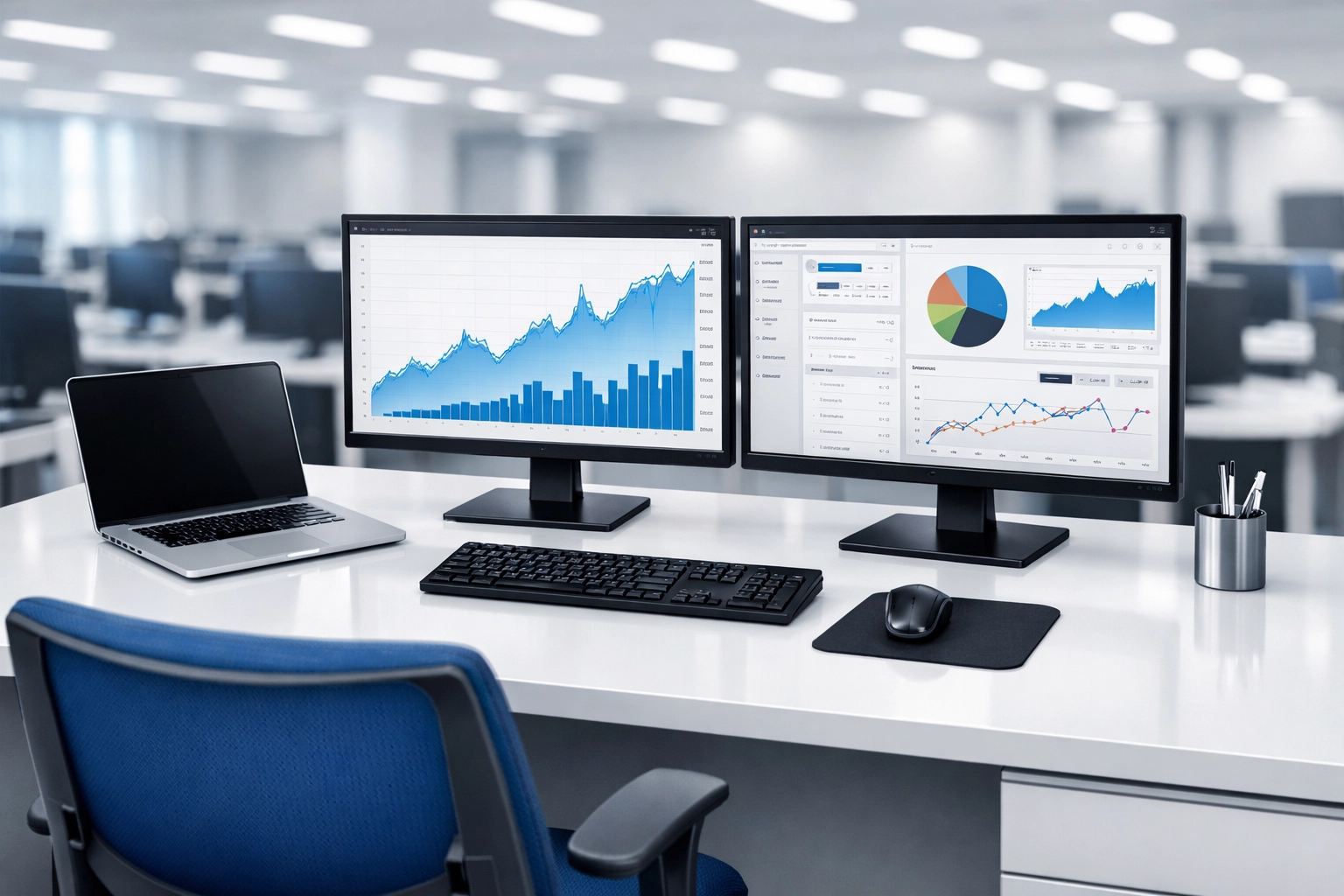 Sanitized office workstation with a dust-free desk and computer setup in a clean Wareham workplace.