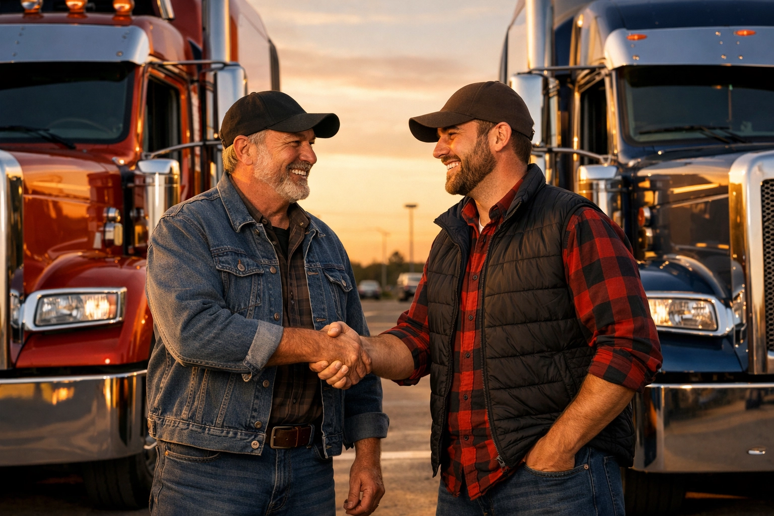 Two professional truck drivers shaking hands between semi-trucks, symbolizing a successful carrier partnership.