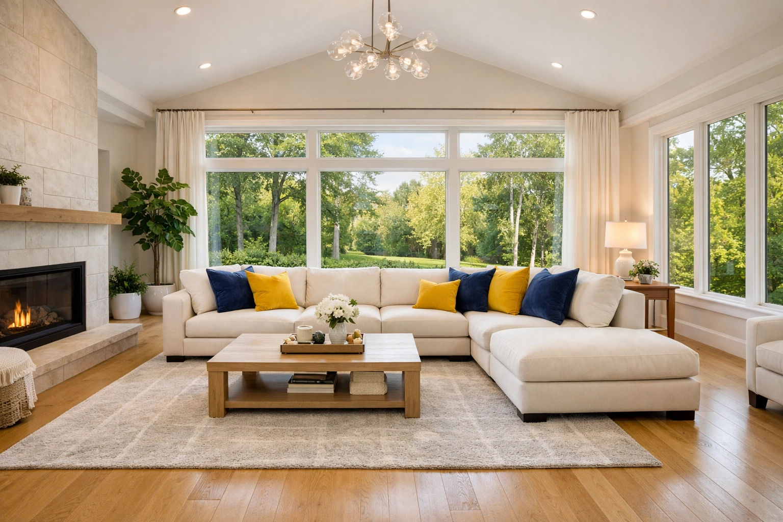 Clean living room with hardwood floors after a high-end house cleaning service in Marlborough.