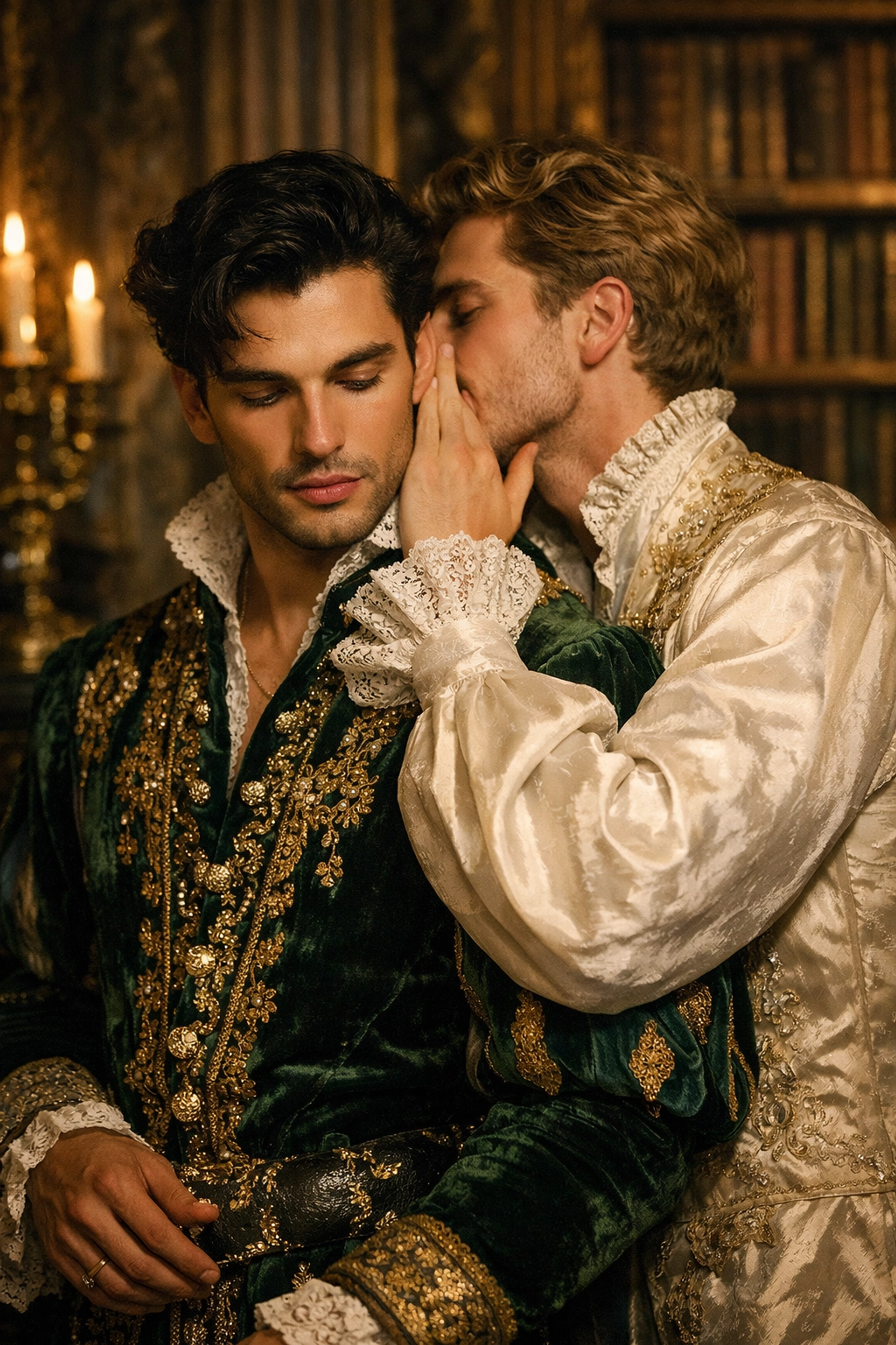 Historical noblemen whispering in a library, capturing the intrigue of gay romance novels.