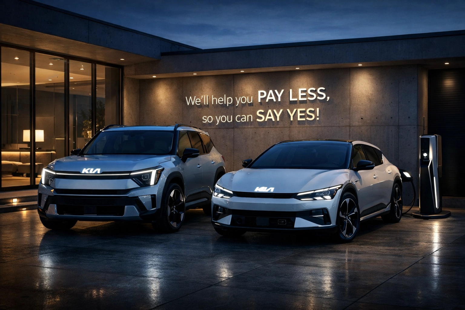 Futuristic 2026 Kia EV9 and EV6 electric SUVs parked at a modern home, available at Roseville Kia.