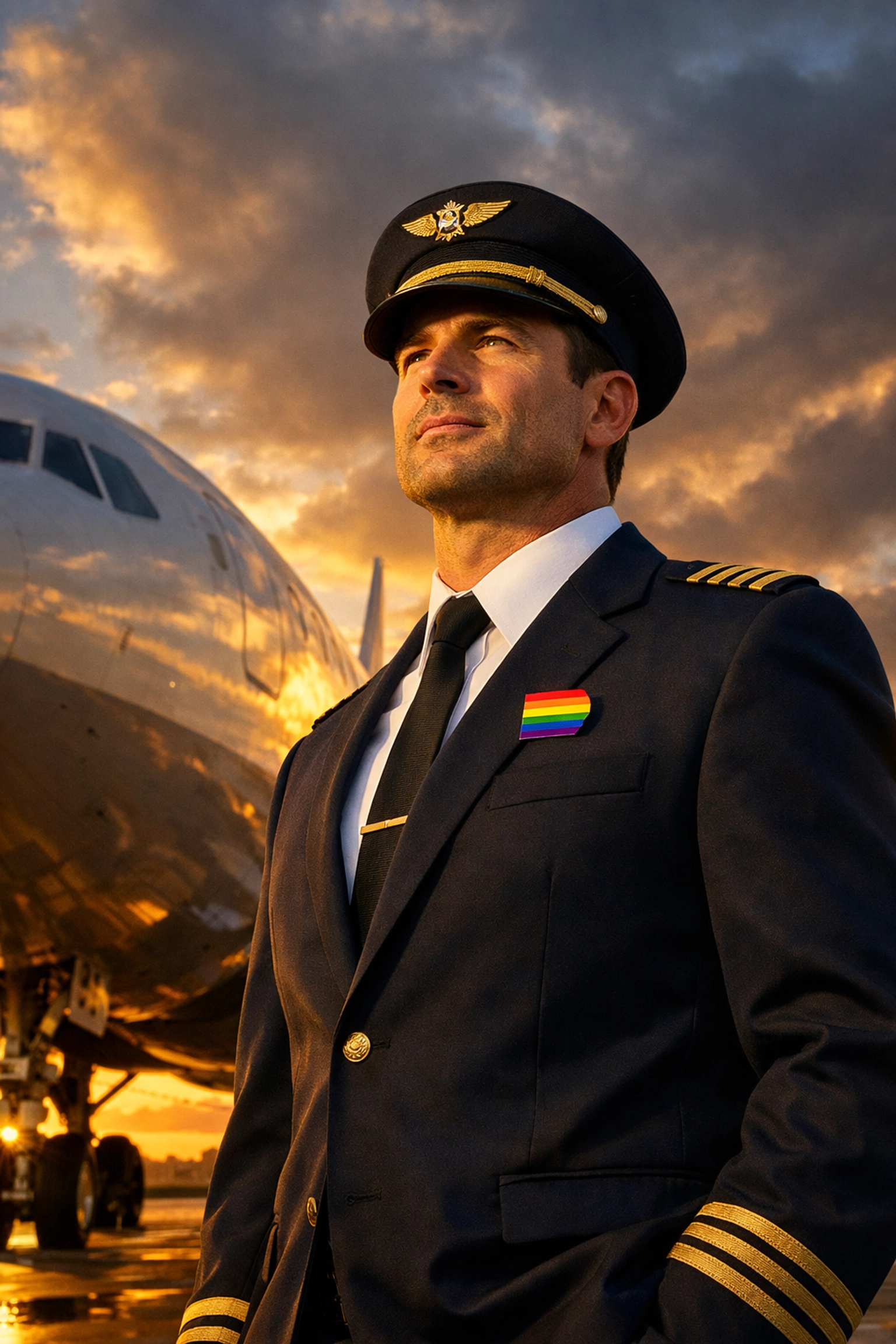 Modern gay pilot in uniform with rainbow pride pin standing before commercial aircraft