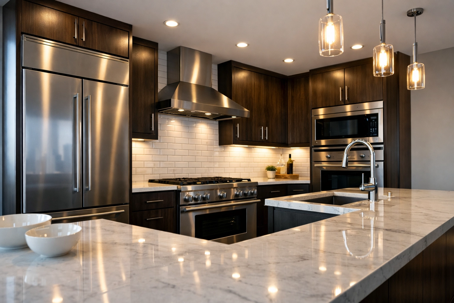 A professionally cleaned luxury kitchen with stainless steel appliances ready for a new resident.