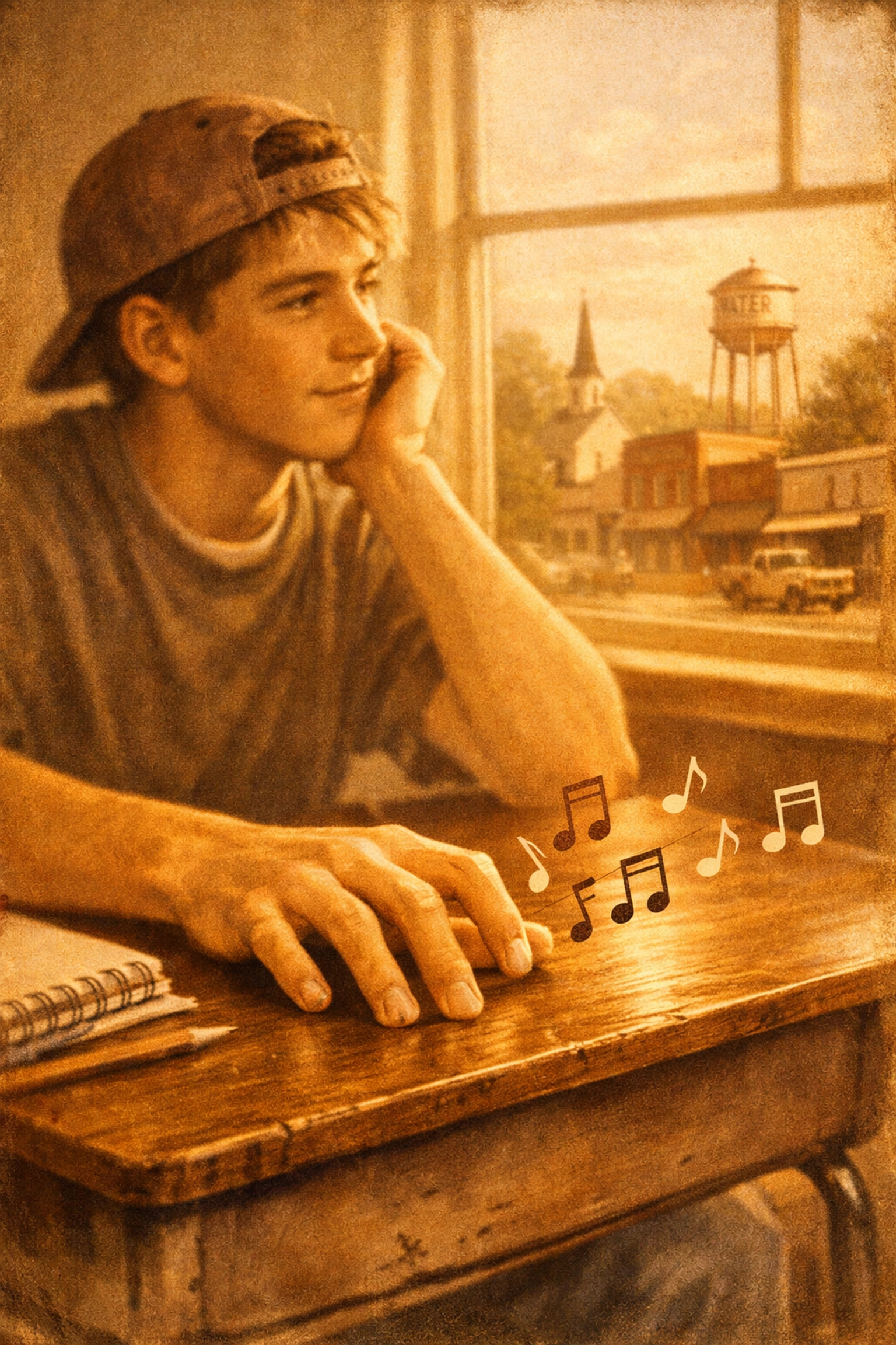 Young musician writing songs at school desk in Mississippi classroom