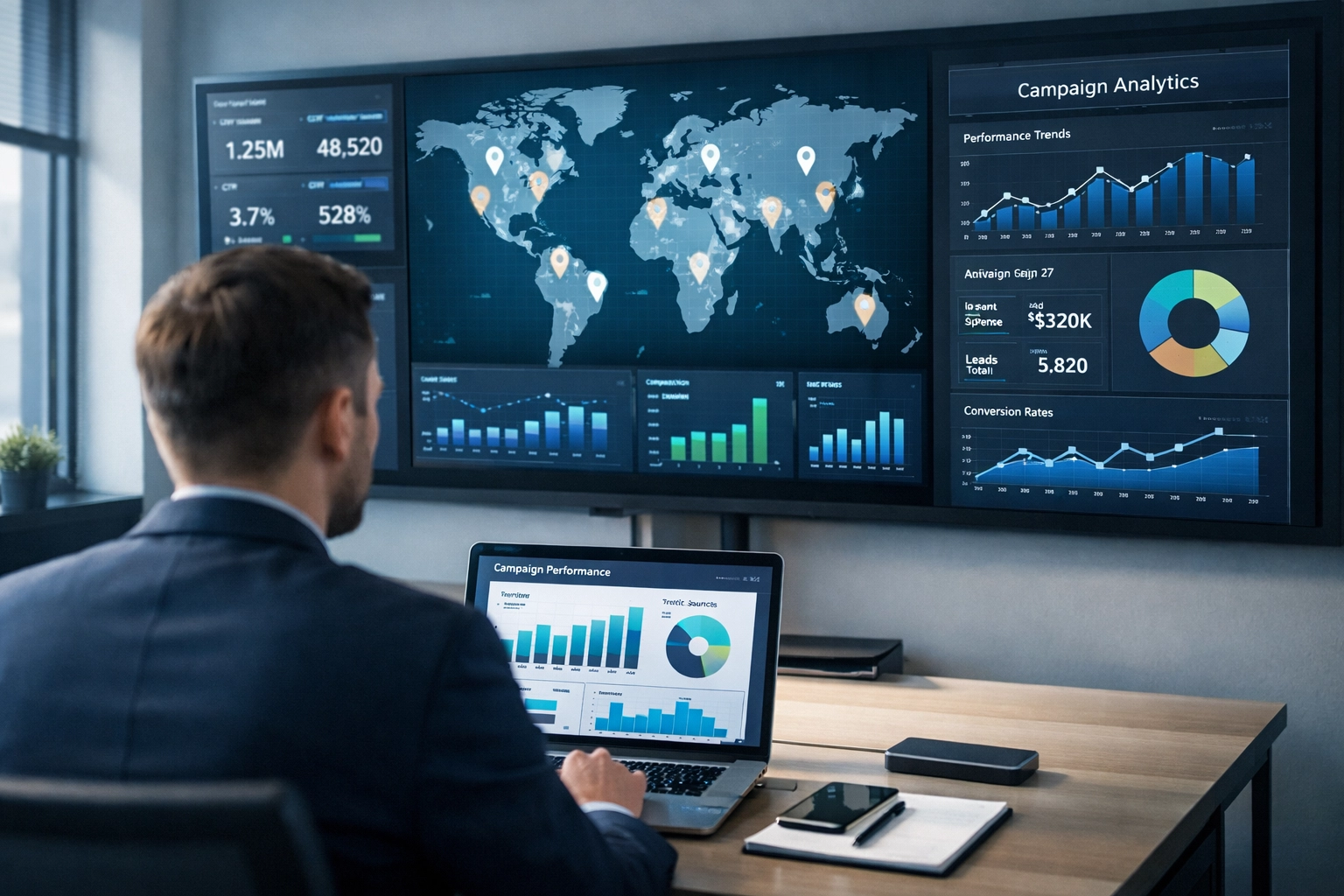 Marketing operations center with campaign analytics dashboards and location data