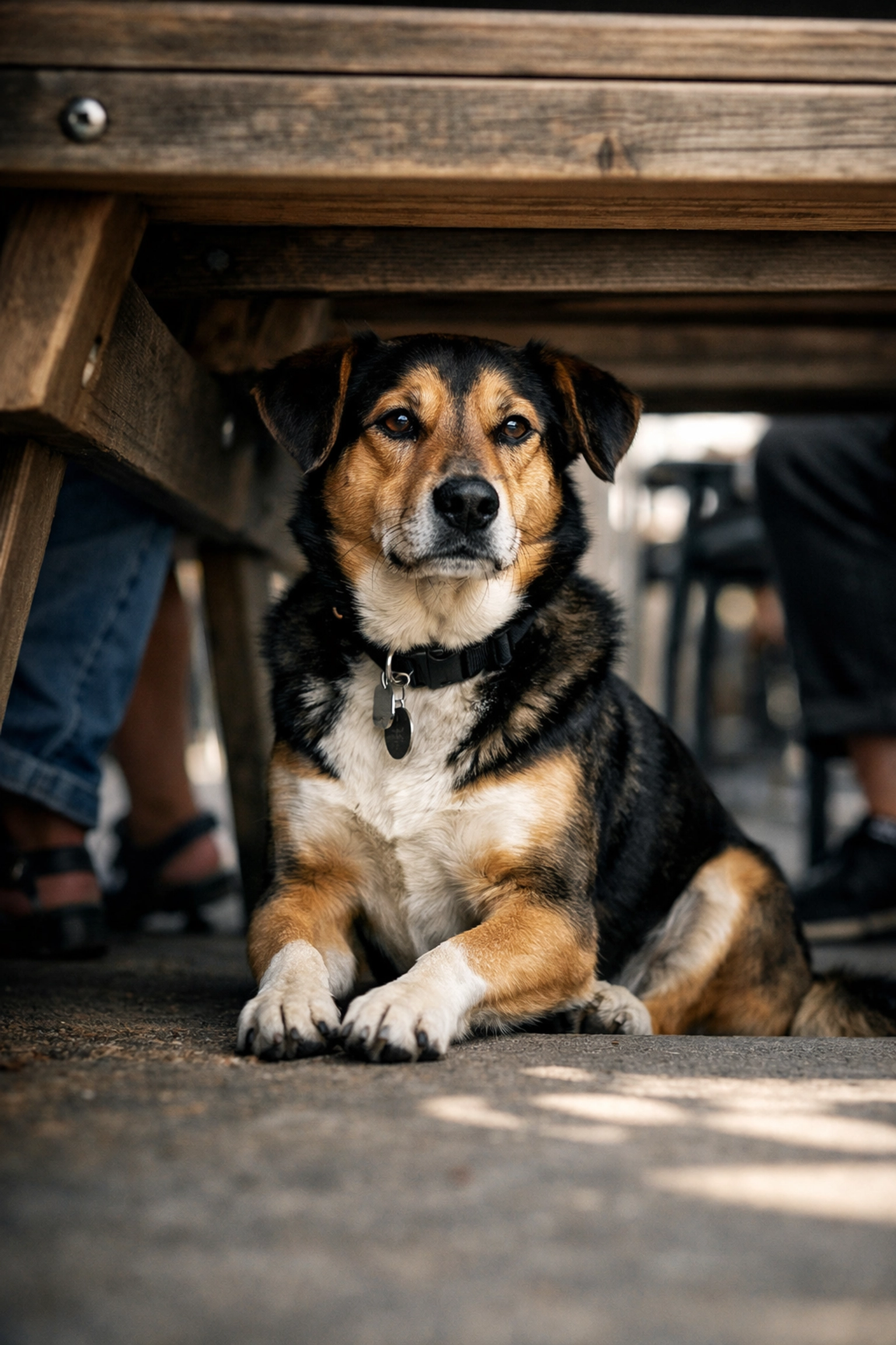 Trained dog sitting calmly under table at outdoor café demonstrating real-world obedience