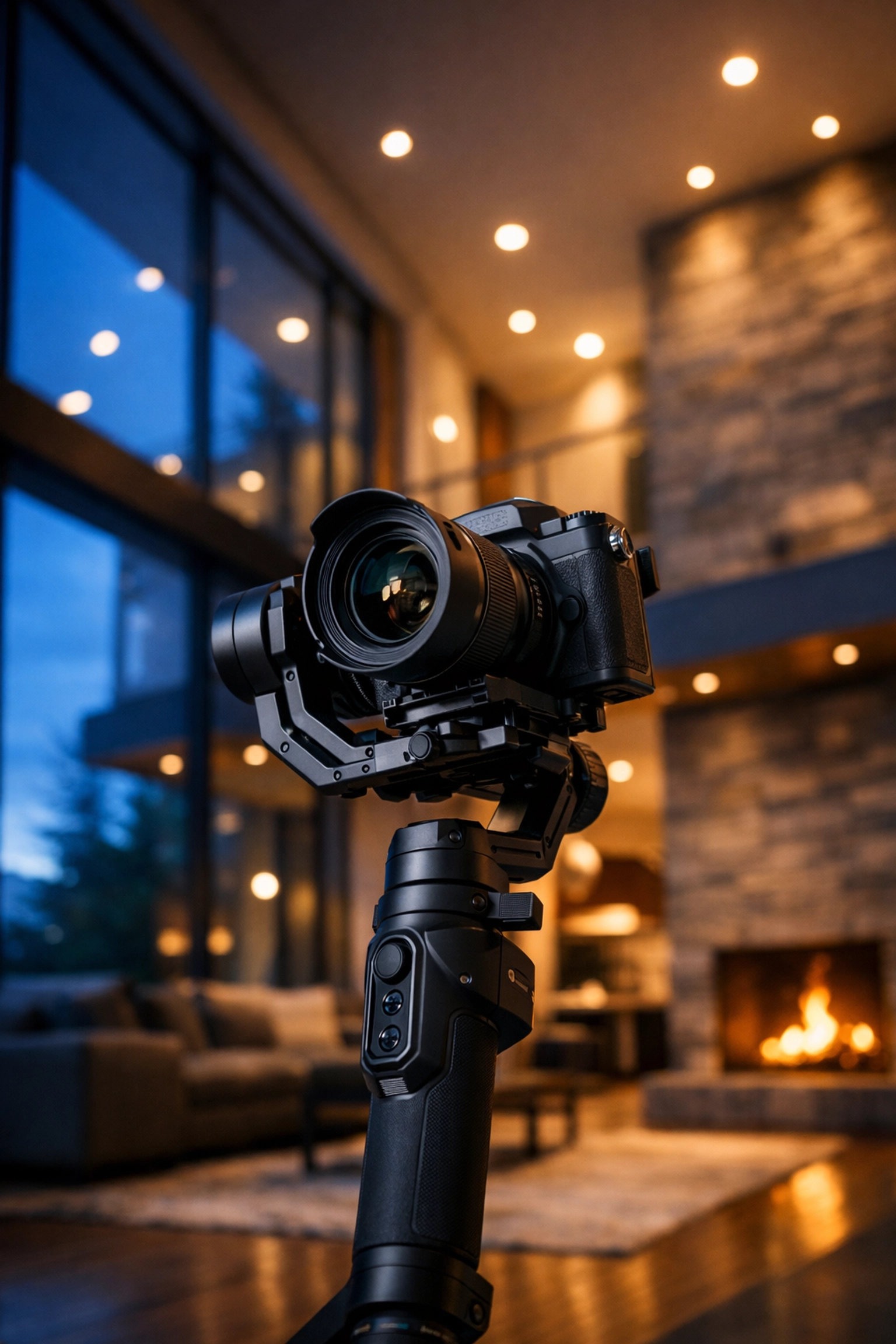 High-end camera gimbal capturing a cinematic property tour for luxury real estate marketing and branding.