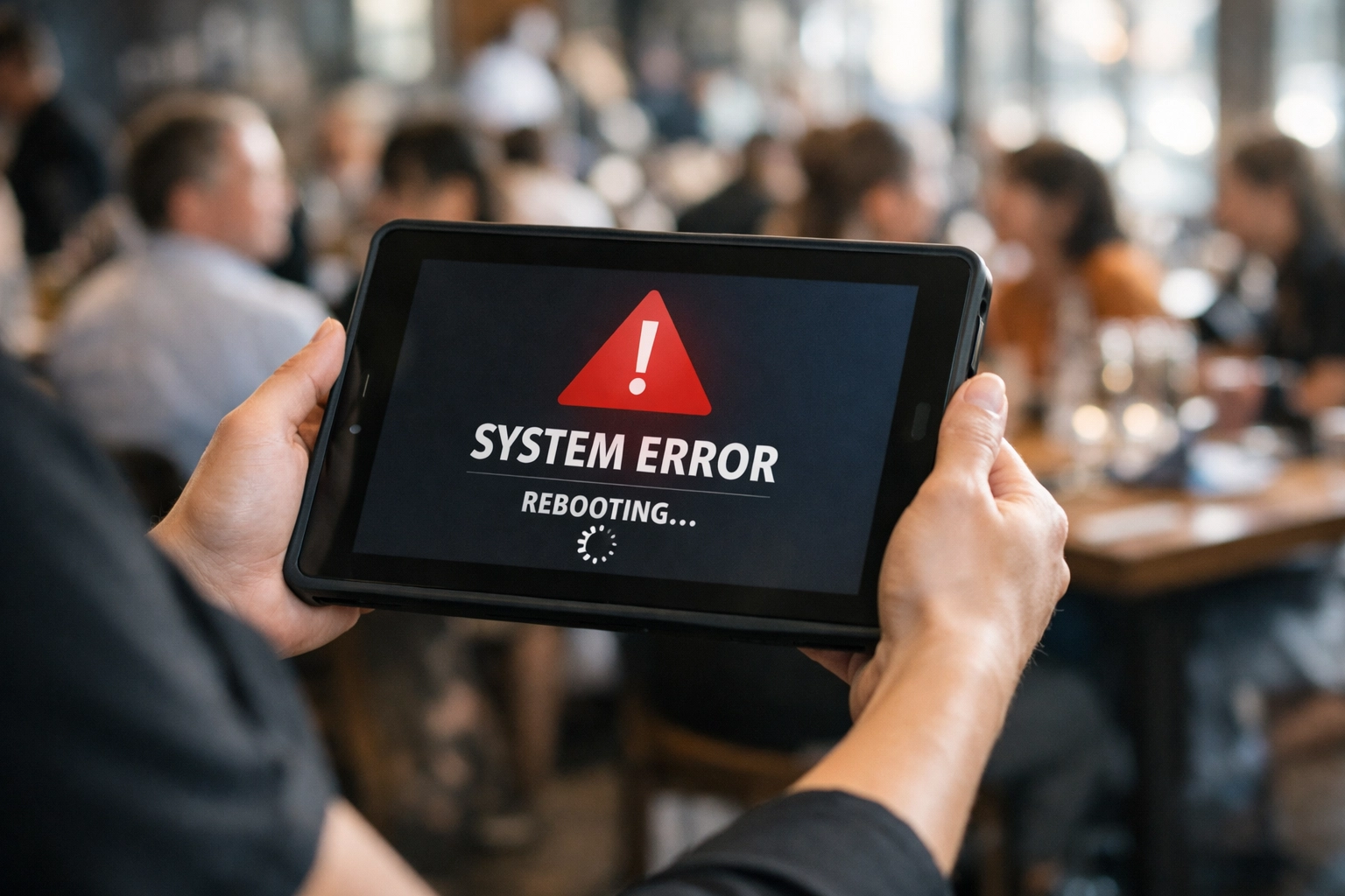 Restaurant server holding tablet POS system with technical issues during busy dinner shift