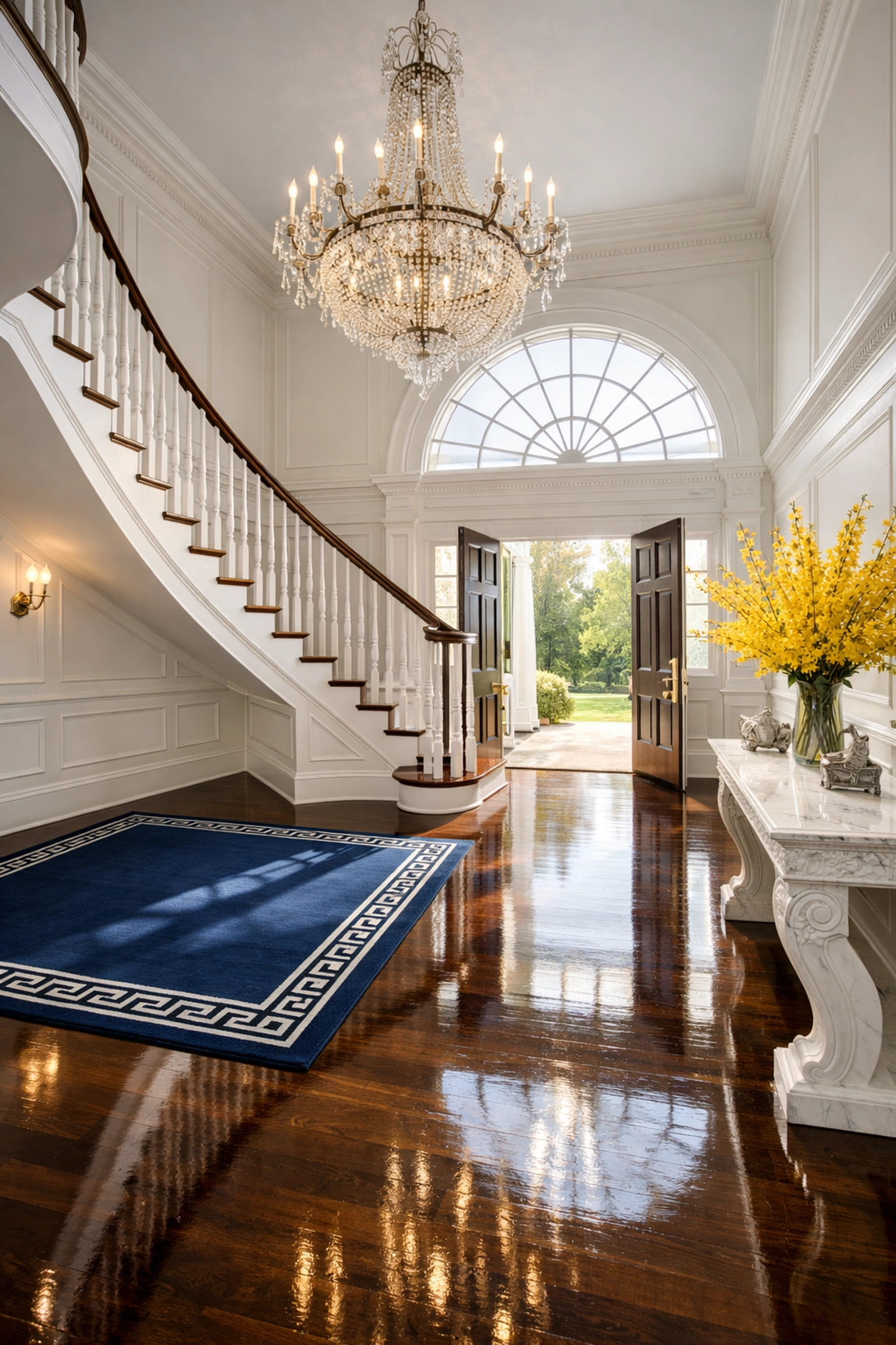 A pristine grand colonial entryway with polished hardwood floors, ideal for luxury house cleaning Andover MA.