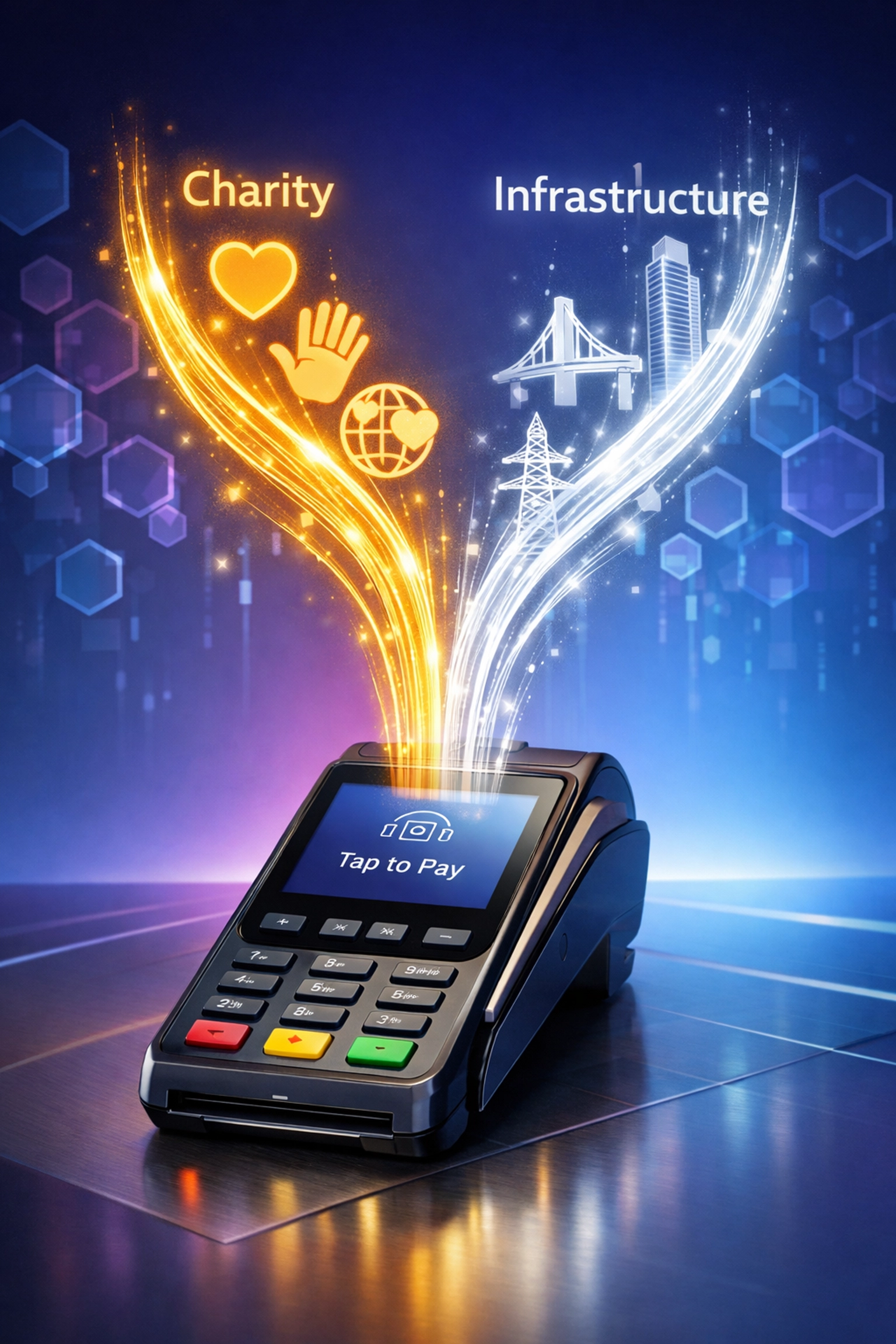 Larecoin payment terminal showing automatic transaction split to charity and network infrastructure