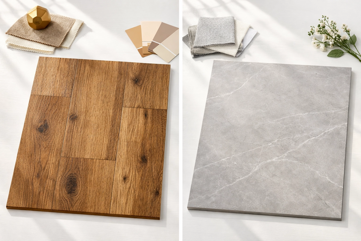Side-by-side comparison of luxury vinyl plank and tile flooring samples for Orlando homes