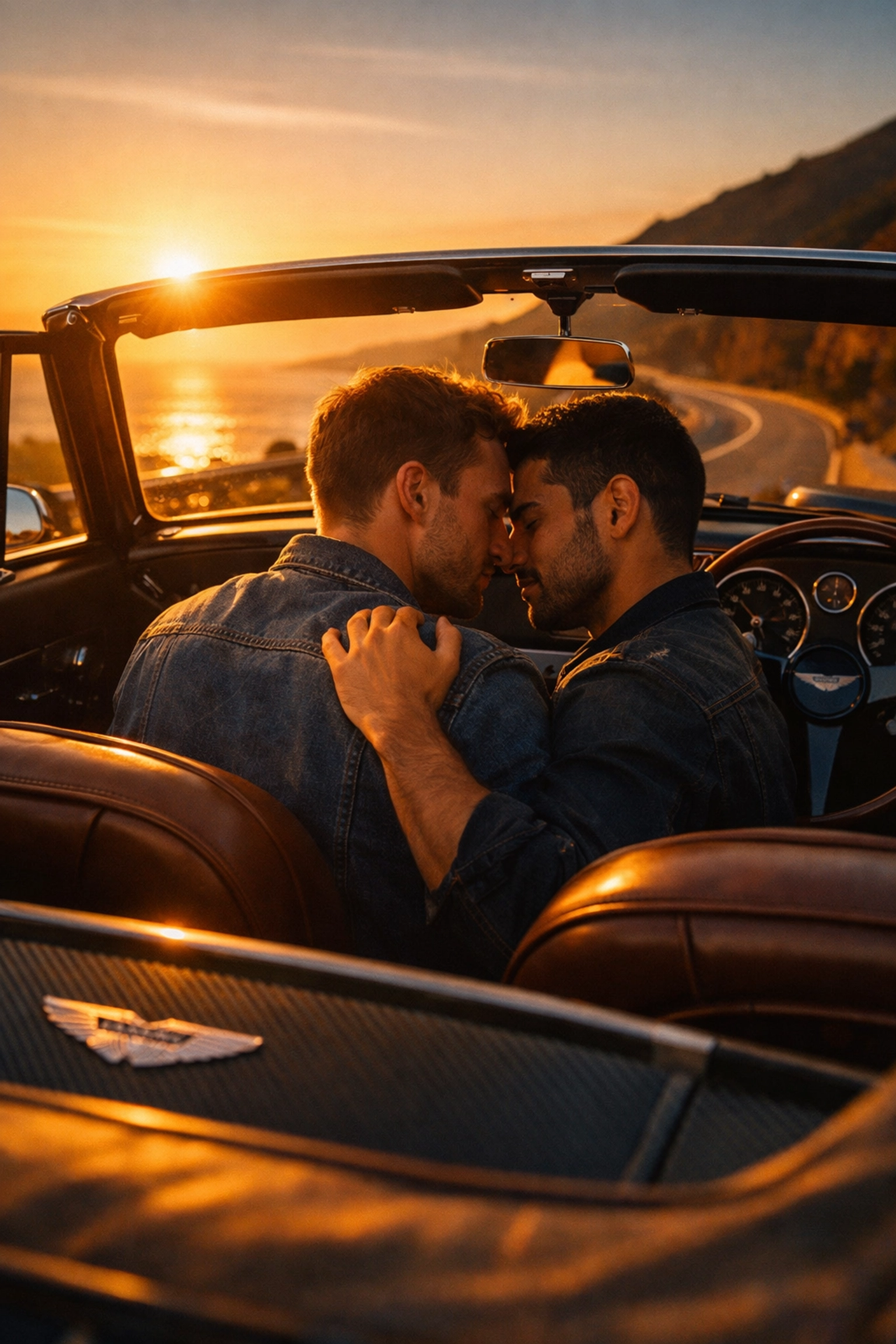 Intimate moment between two men in vintage Aston Martin convertible at coastal sunset