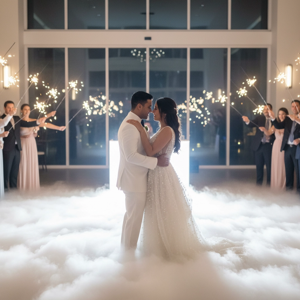 Couple dances on a cloud-like floor surrounded by people holding sparklers in an elegant venue. Romantic ambiance with soft lighting.