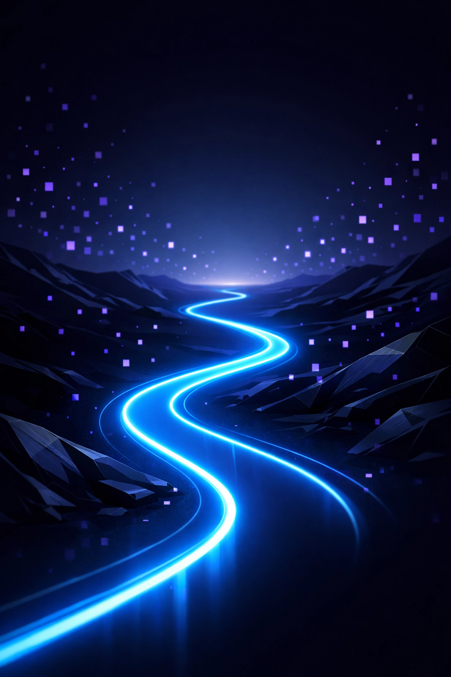 A neon blue path through a digital landscape representing customer search intent and SEO strategy.