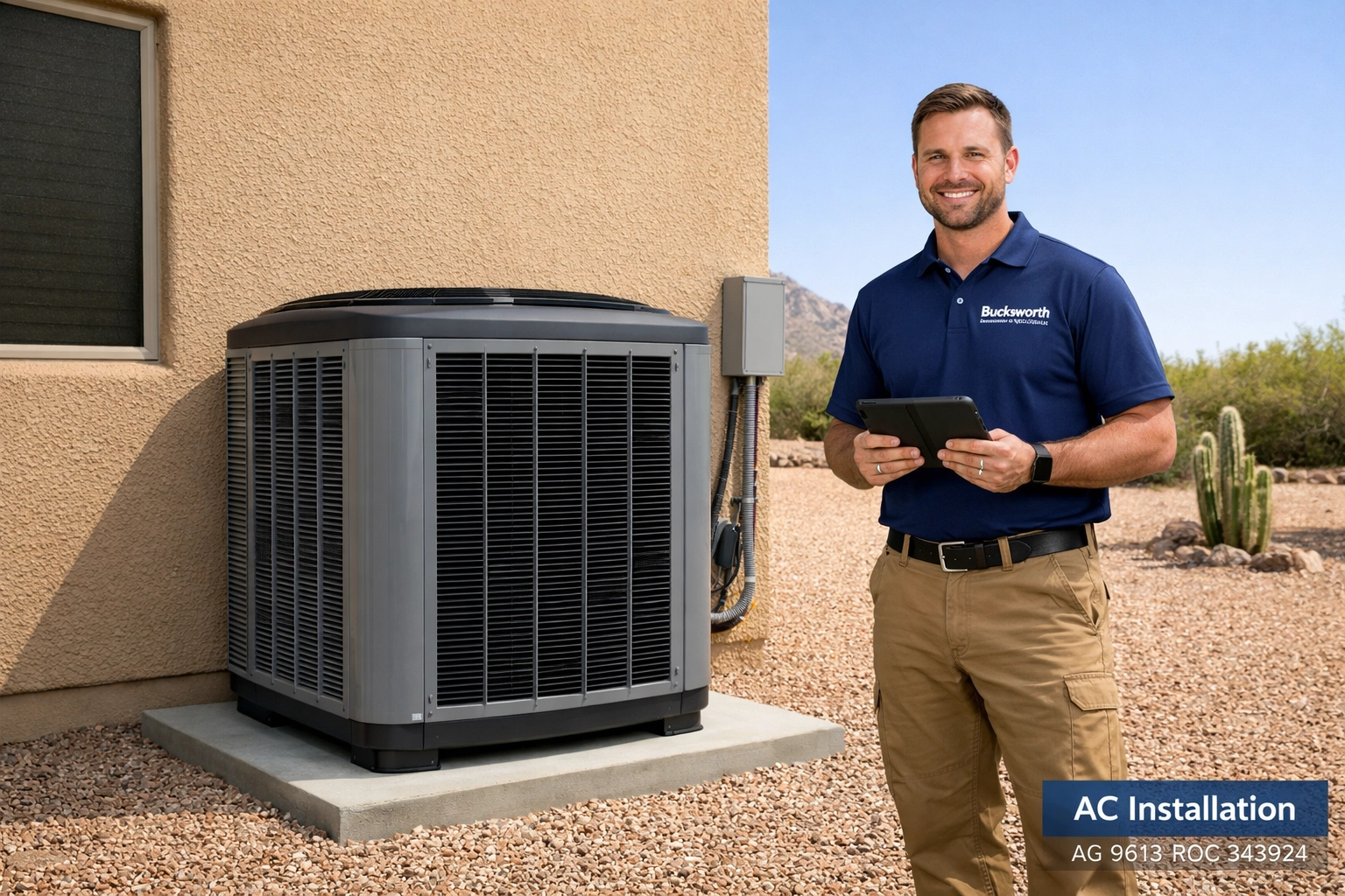 Bucksworth technician inspecting a high-efficiency heat pump upgrade for an Apache Junction home.